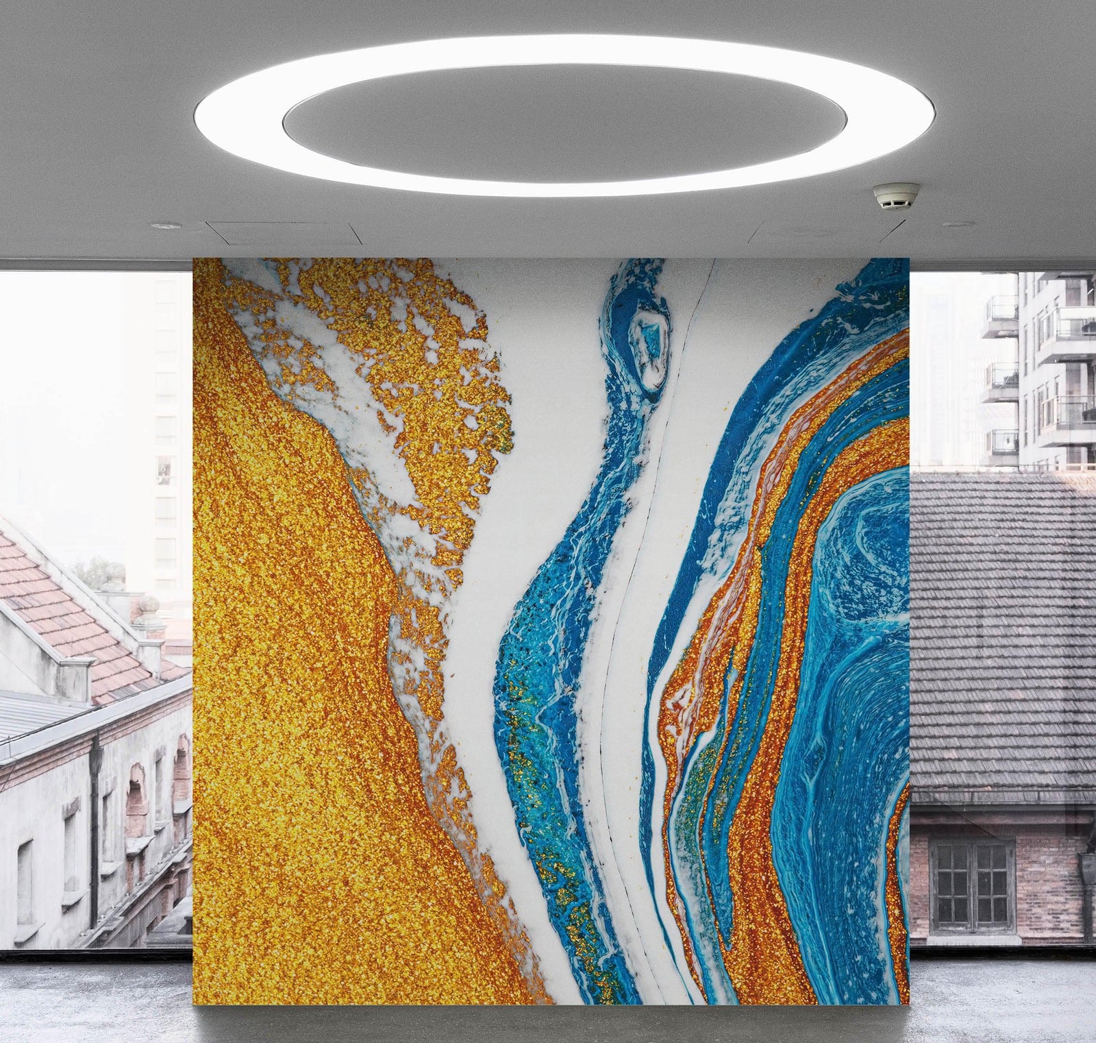 Mural abstracto con patrón de manchas de tinta de colores brillantes. Dorado, blanco y azul. #6439 