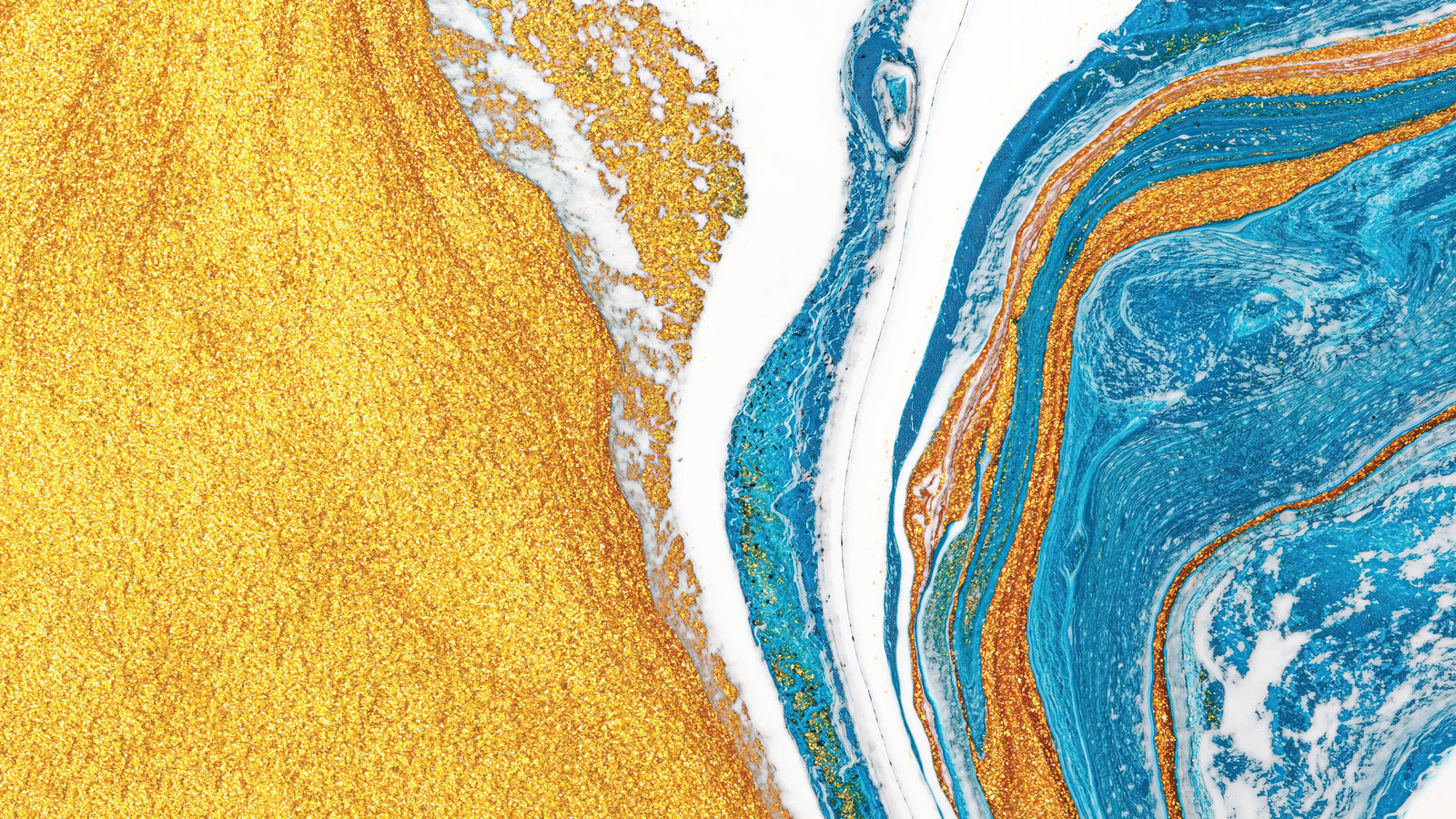 Mural abstracto con patrón de manchas de tinta de colores brillantes. Dorado, blanco y azul. #6439 