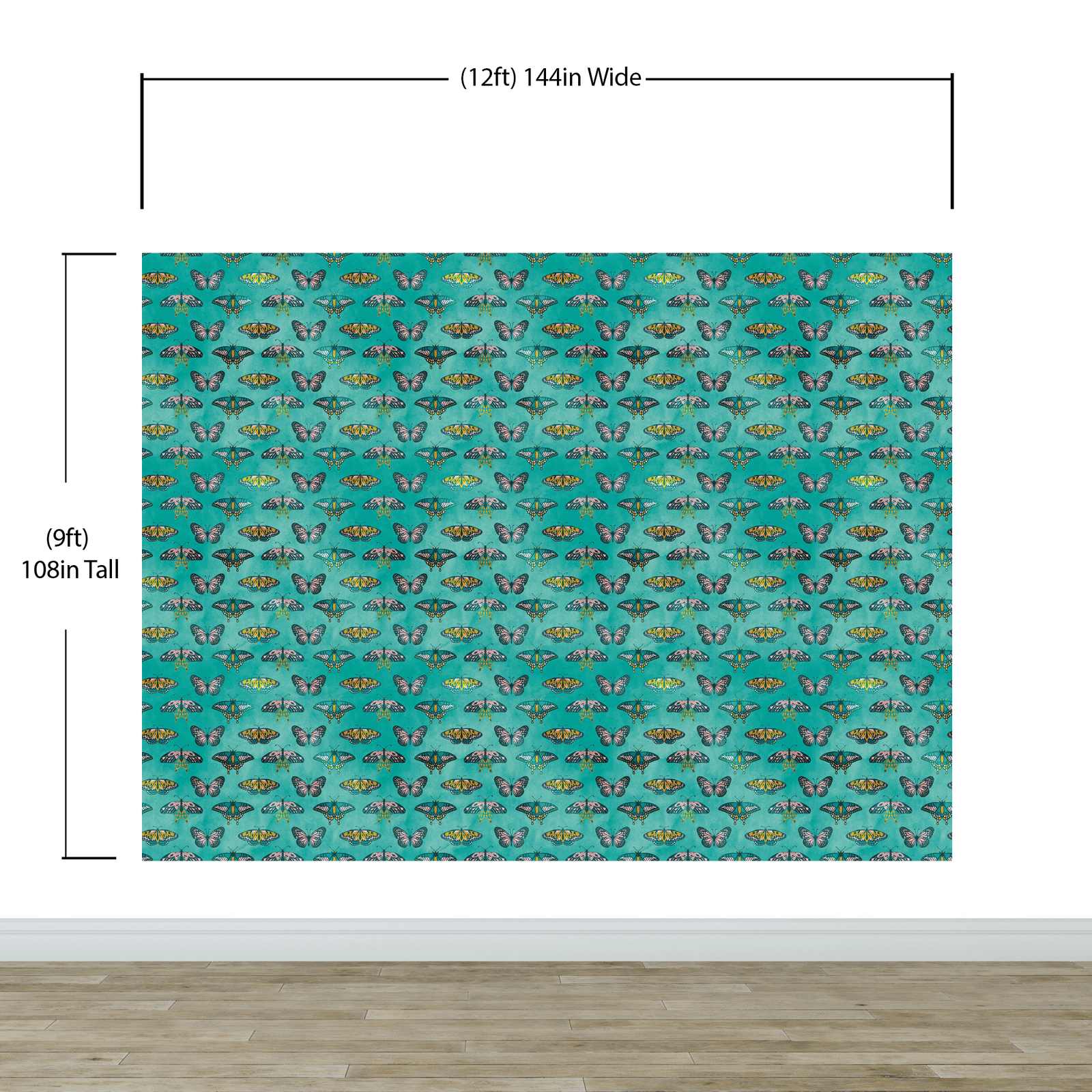 Butterfly Pattern on Green Background Wall Mural. Retro Green, Pink and Gold Color Illustration Design. Bedroom, Nursery, Home Decor. Peel and Stick Wallpaper. #6440