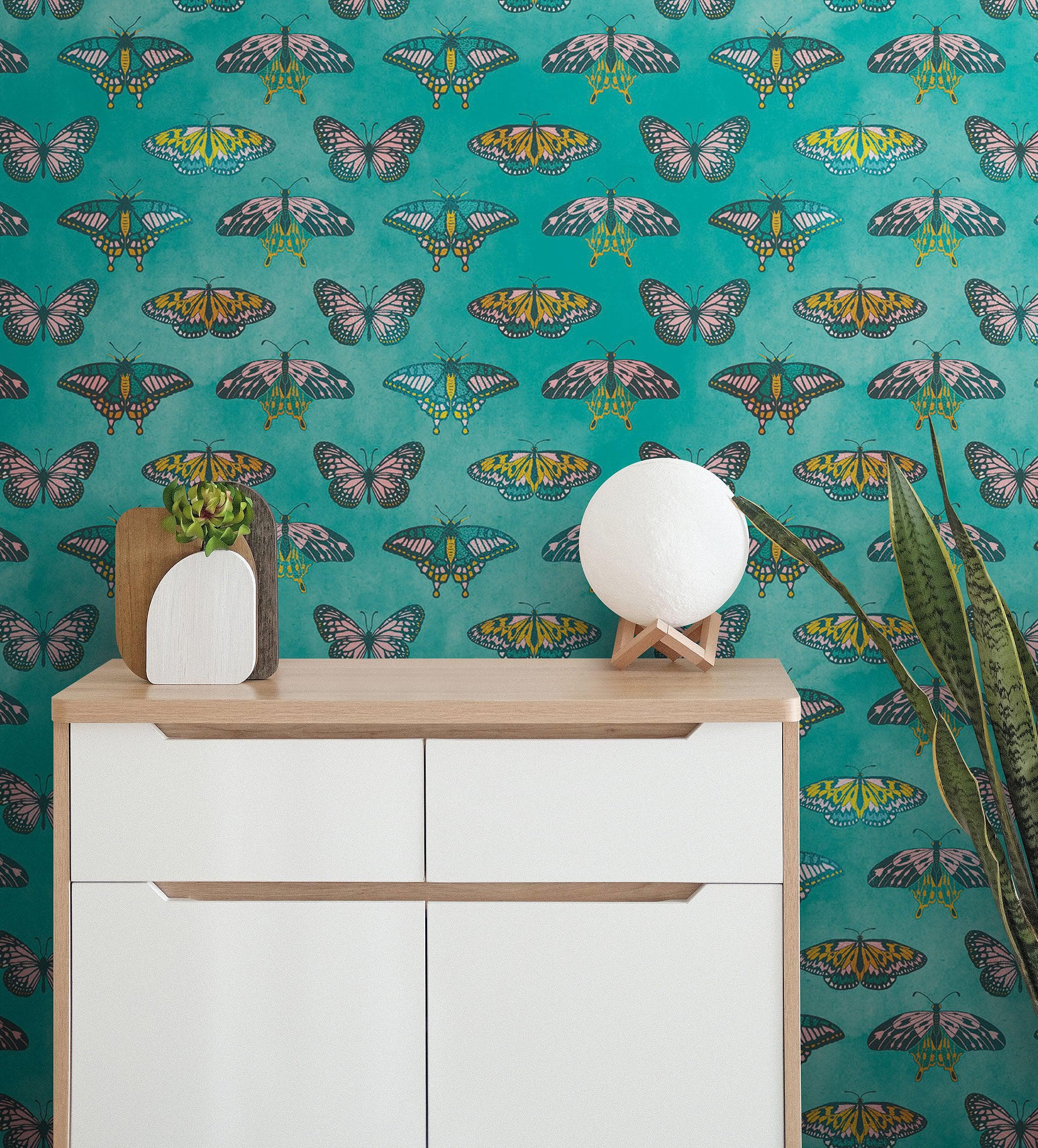Mural de pared con estampado de mariposas sobre fondo verde. Diseño retro con ilustración en colores verde, rosa y dorado. Decoración para dormitorio, guardería y hogar. Papel tapiz autoadhesivo. N.º 6440