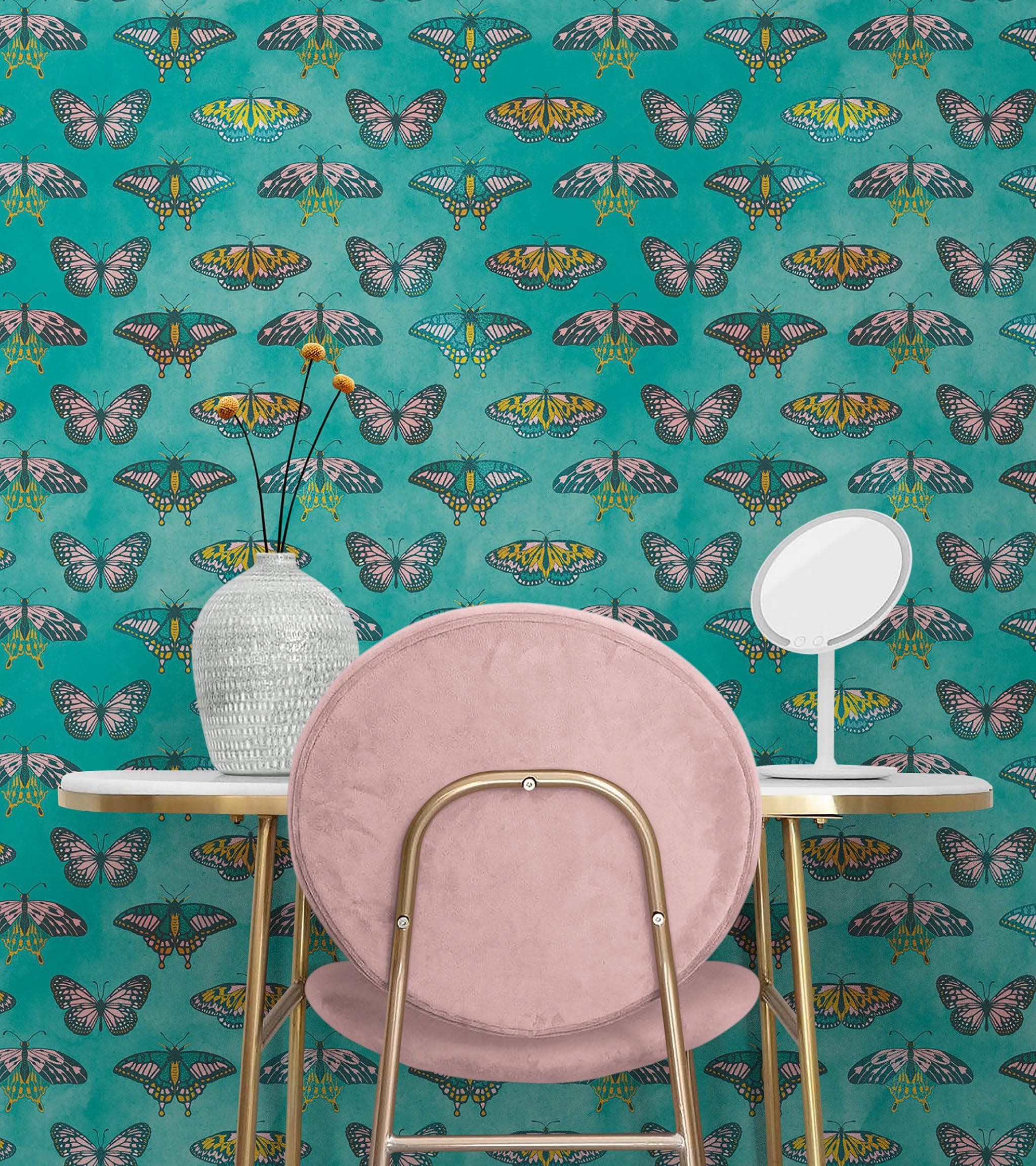 Mural de pared con estampado de mariposas sobre fondo verde. Diseño retro con ilustración en colores verde, rosa y dorado. Decoración para dormitorio, guardería y hogar. Papel tapiz autoadhesivo. N.º 6440