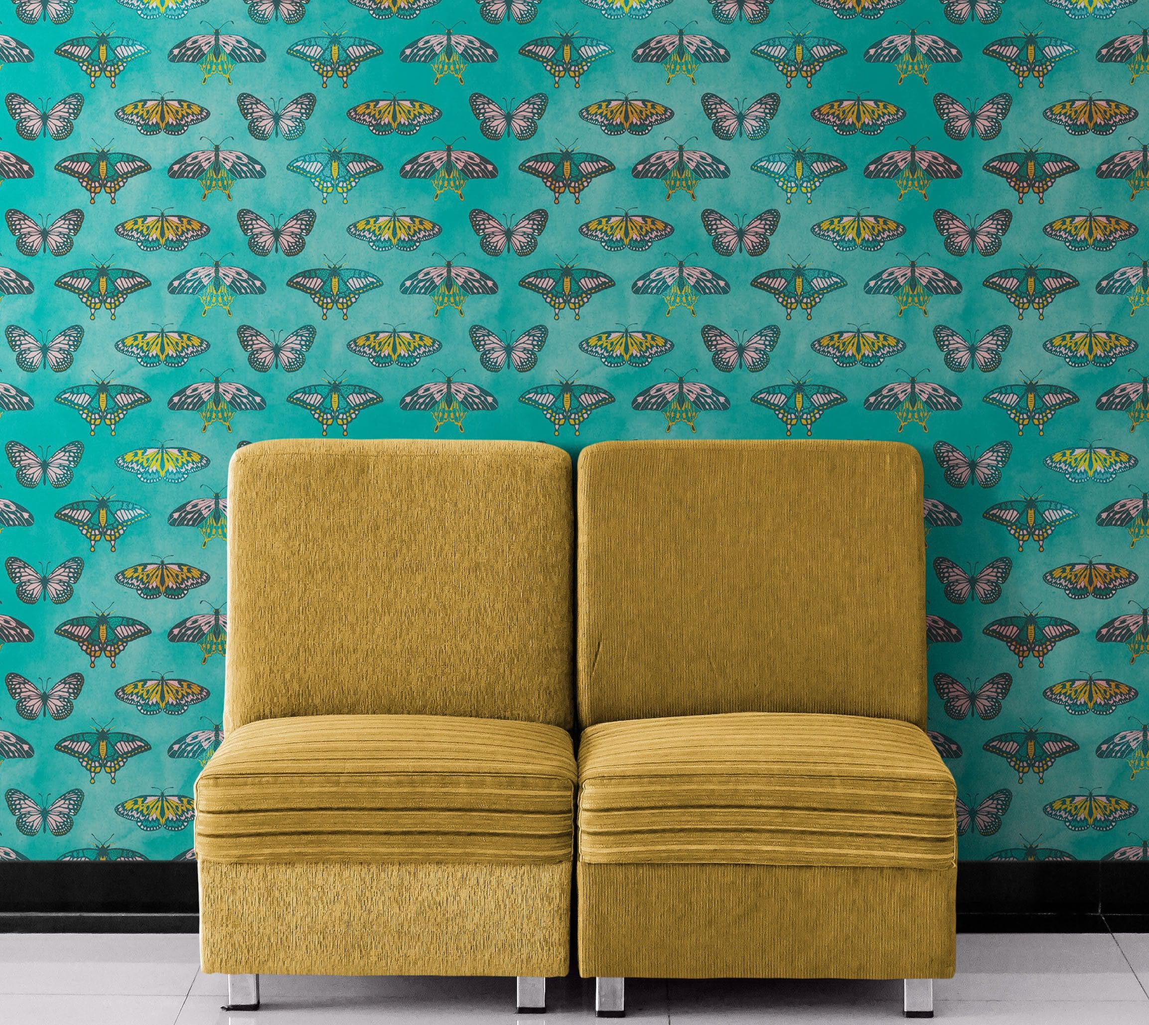 Mural de pared con estampado de mariposas sobre fondo verde. Diseño retro con ilustración en colores verde, rosa y dorado. Decoración para dormitorio, guardería y hogar. Papel tapiz autoadhesivo. N.º 6440