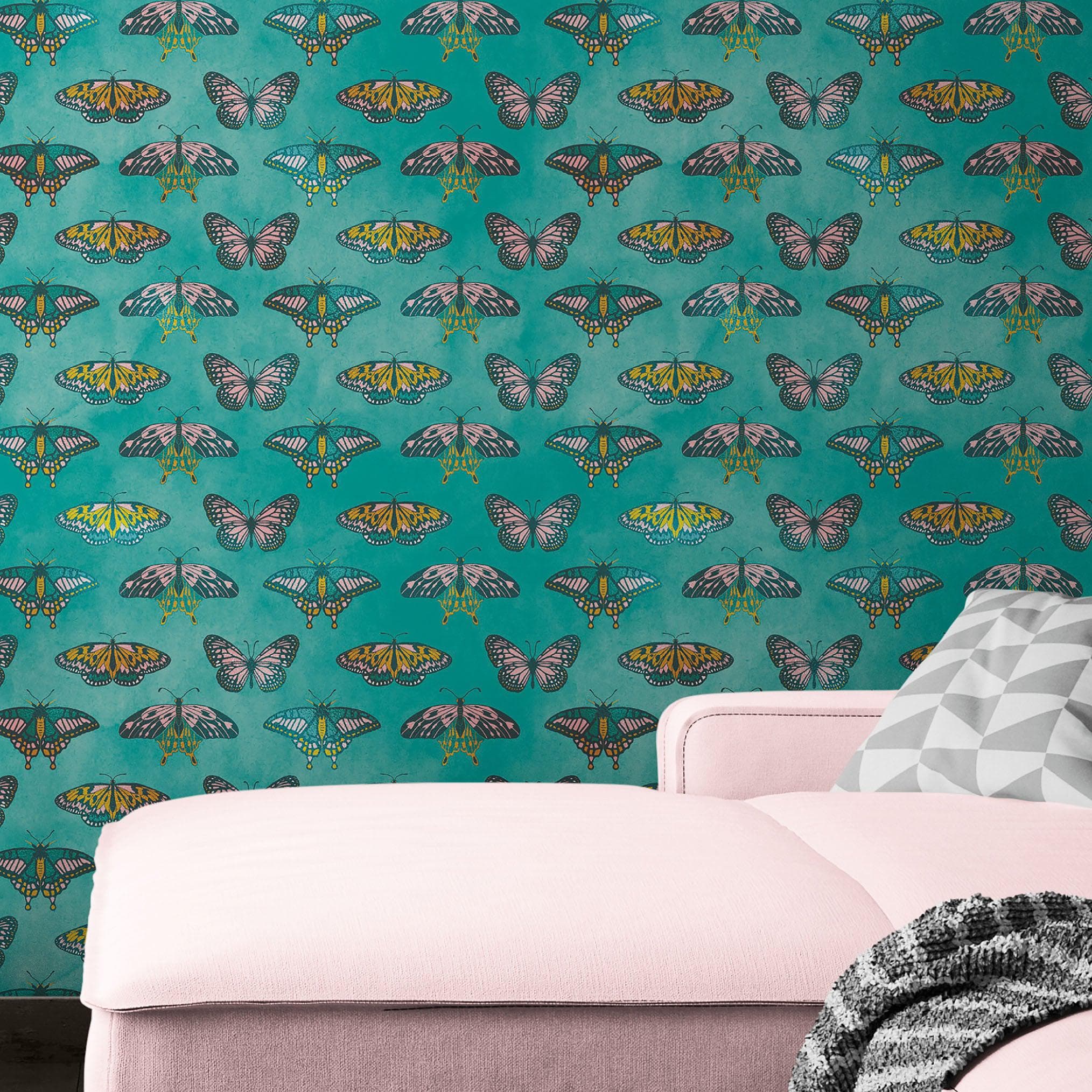 Mural de pared con estampado de mariposas sobre fondo verde. Diseño retro con ilustración en colores verde, rosa y dorado. Decoración para dormitorio, guardería y hogar. Papel tapiz autoadhesivo. N.º 6440
