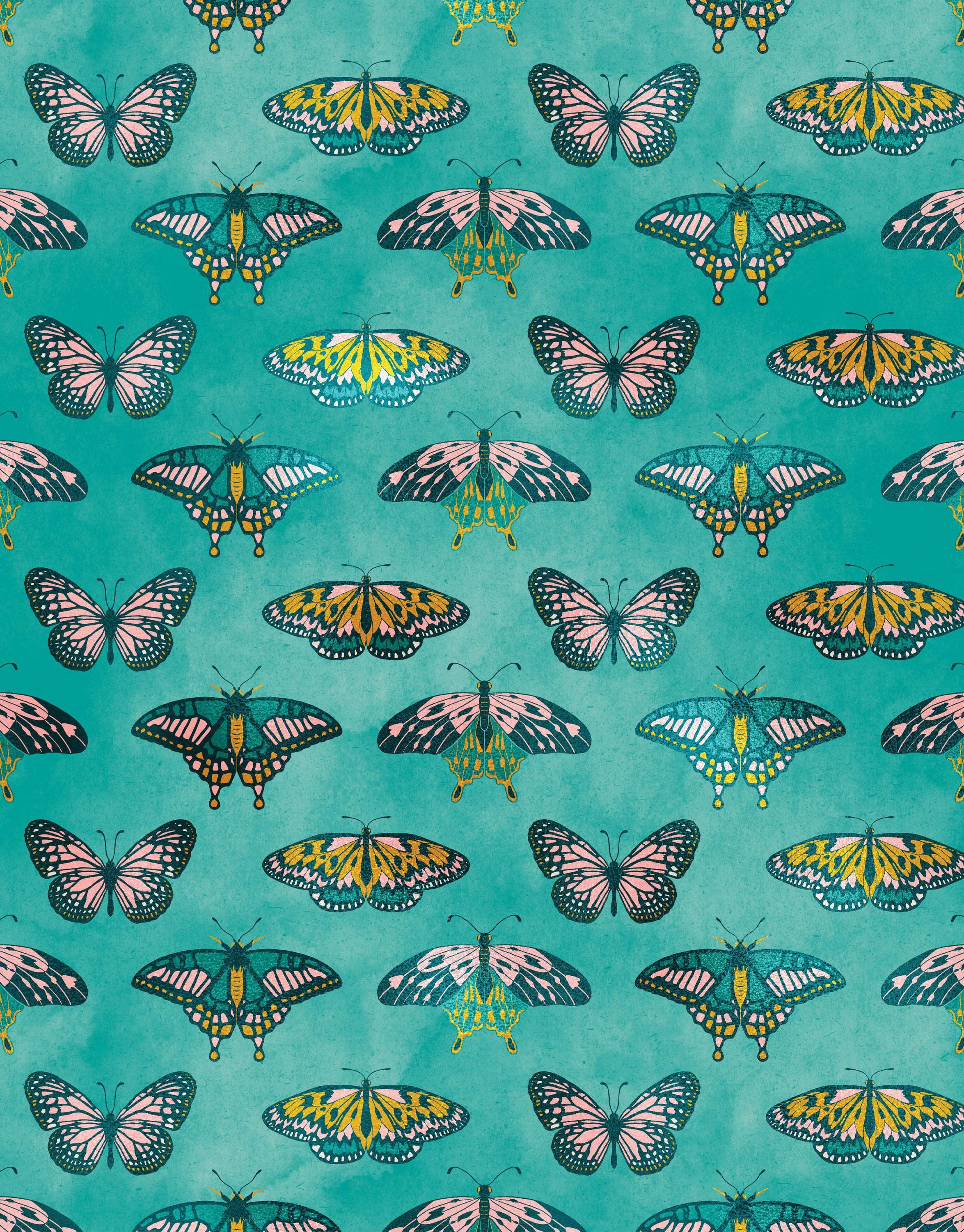 Mural de pared con estampado de mariposas sobre fondo verde. Diseño retro con ilustración en colores verde, rosa y dorado. Decoración para dormitorio, guardería y hogar. Papel tapiz autoadhesivo. N.º 6440