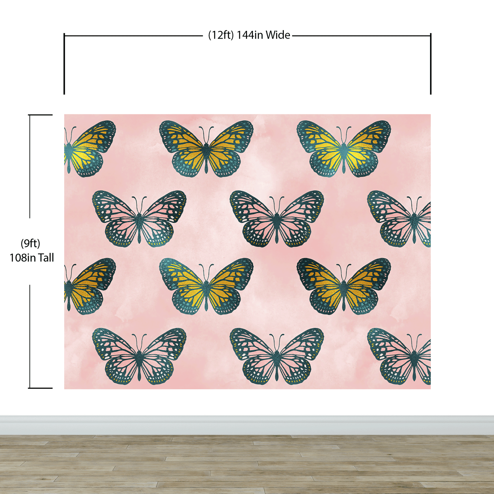 Mural de pared con estampado de mariposas grandes sobre fondo rosa. Decoración para dormitorio, habitación infantil y hogar. Papel tapiz autoadhesivo. N.º 6441