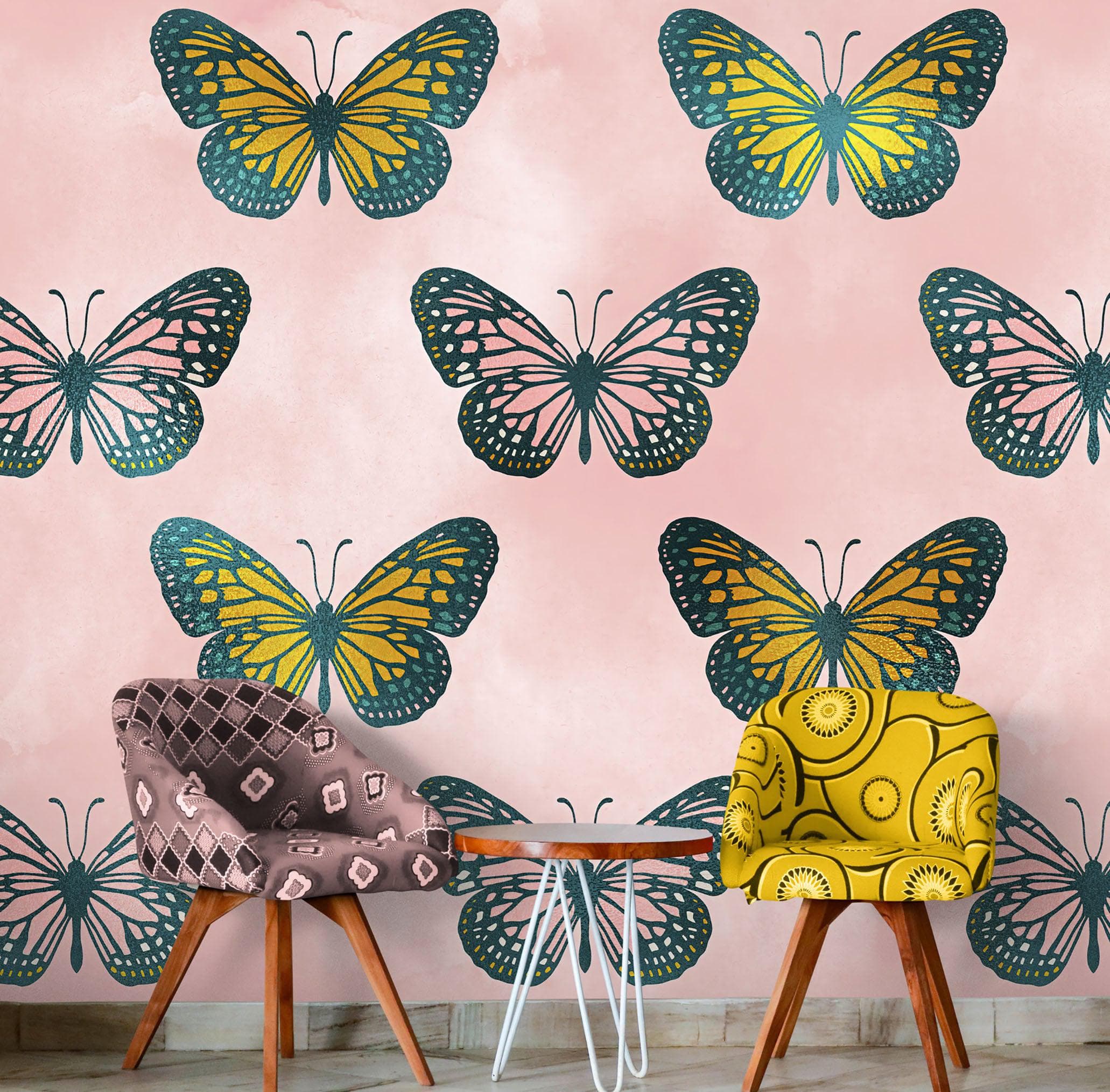 Mural de pared con estampado de mariposas grandes sobre fondo rosa. Decoración para dormitorio, habitación infantil y hogar. Papel tapiz autoadhesivo. N.º 6441
