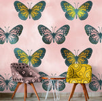 Mural de pared con estampado de mariposas grandes sobre fondo rosa. Decoración para dormitorio, habitación infantil y hogar. Papel tapiz autoadhesivo. N.º 6441
