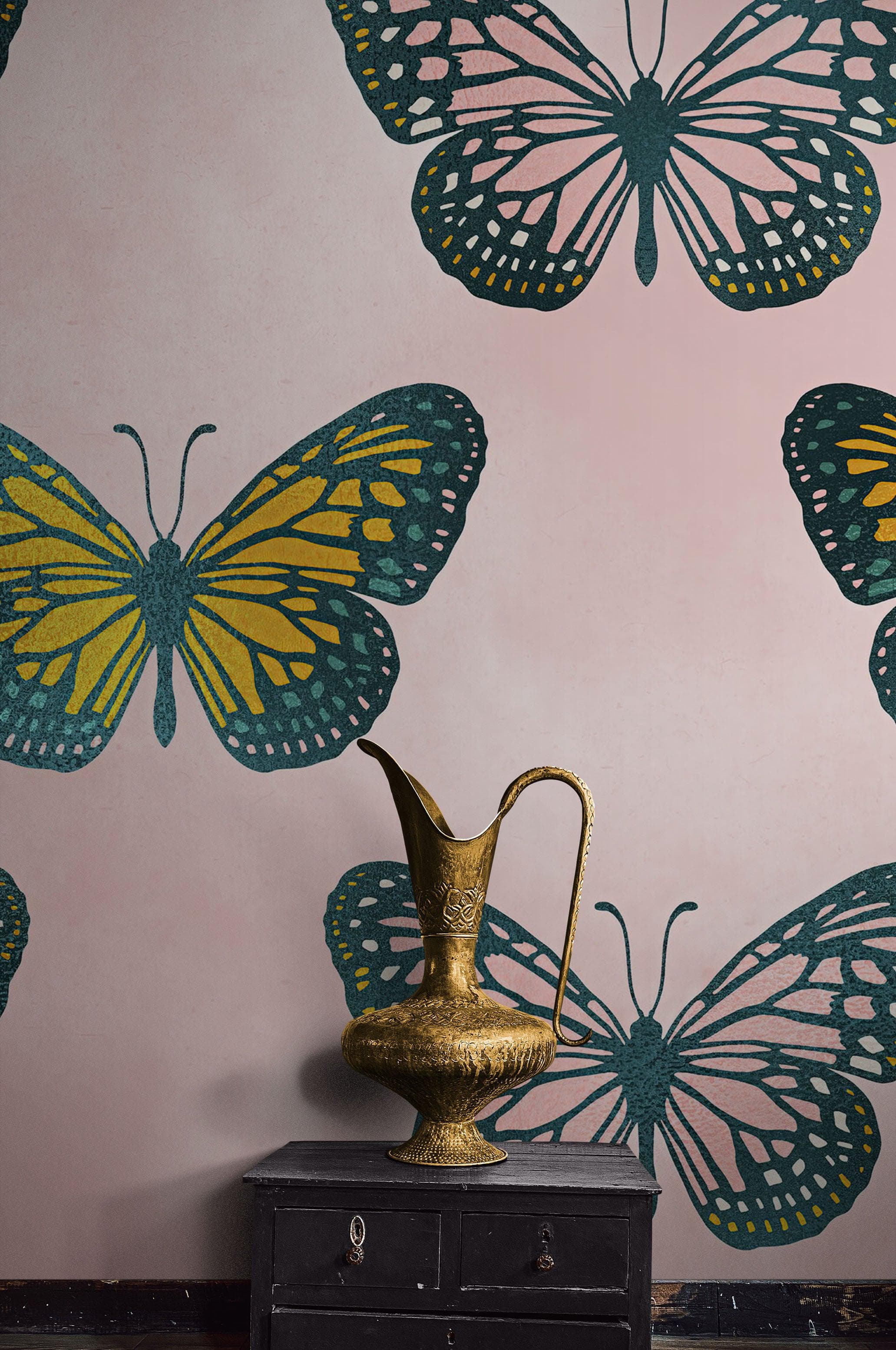 Mural de pared con estampado de mariposas grandes sobre fondo rosa. Decoración para dormitorio, habitación infantil y hogar. Papel tapiz autoadhesivo. N.º 6441