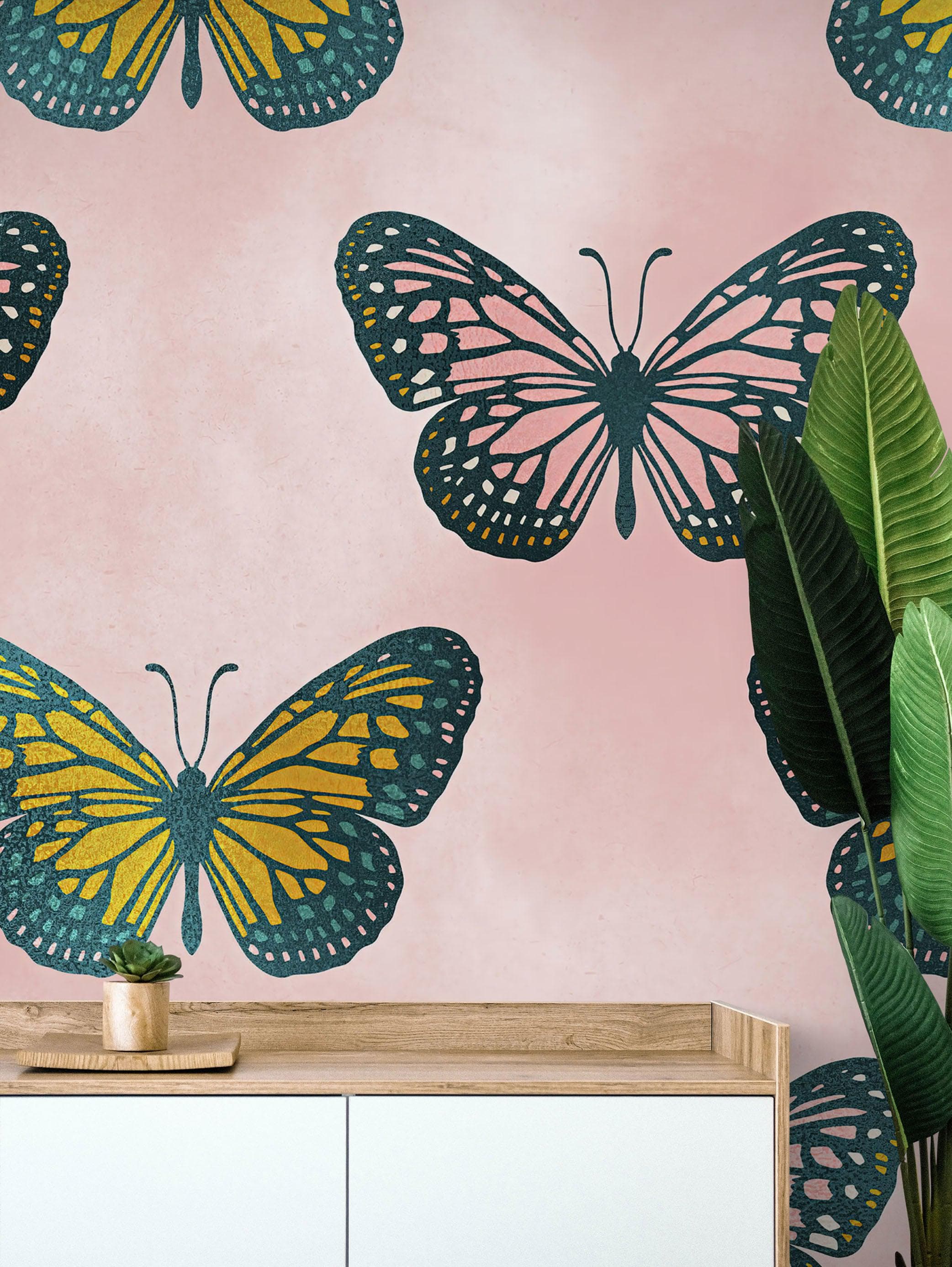 Mural de pared con estampado de mariposas grandes sobre fondo rosa. Decoración para dormitorio, habitación infantil y hogar. Papel tapiz autoadhesivo. N.º 6441