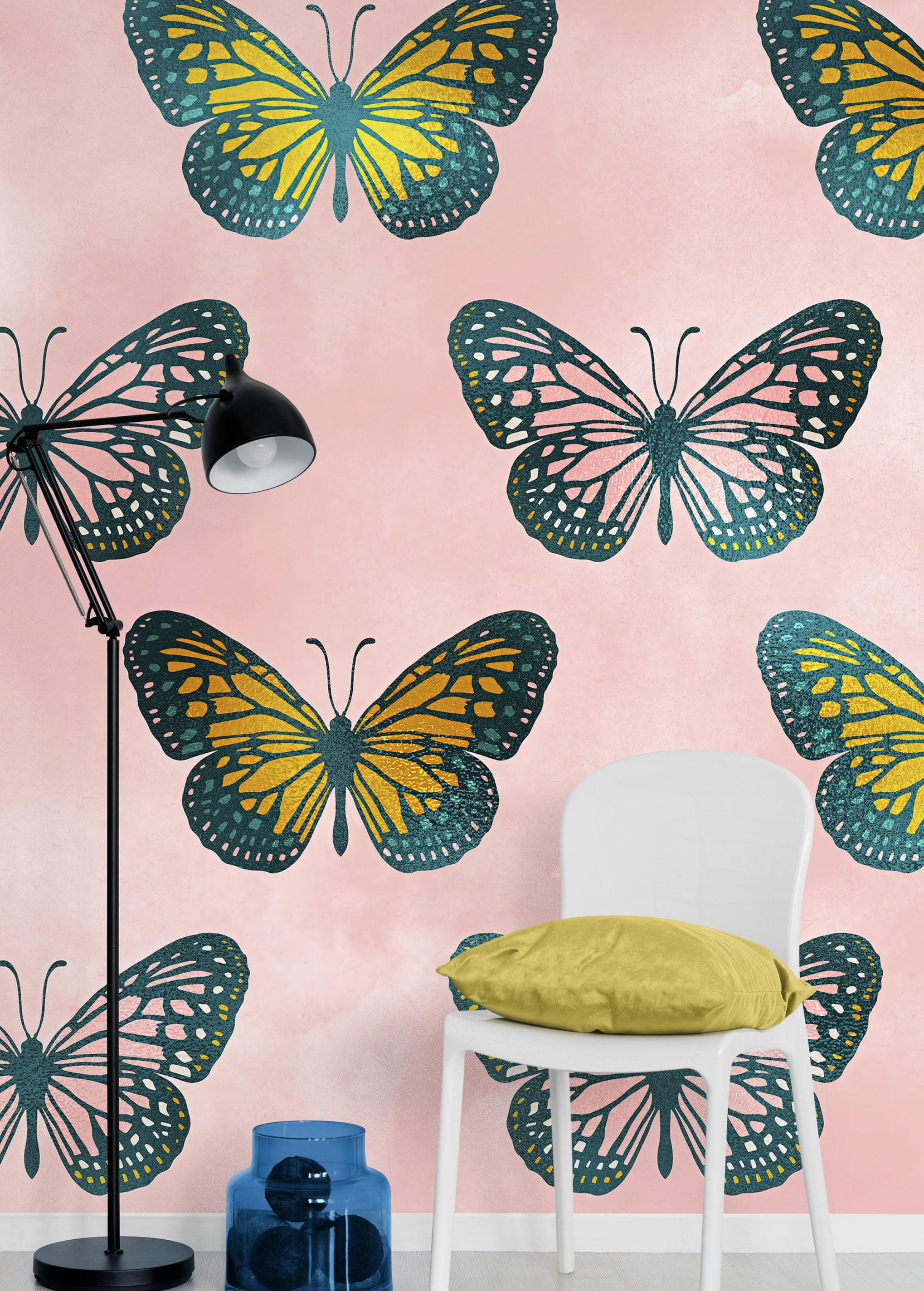 Mural de pared con estampado de mariposas grandes sobre fondo rosa. Decoración para dormitorio, habitación infantil y hogar. Papel tapiz autoadhesivo. N.º 6441