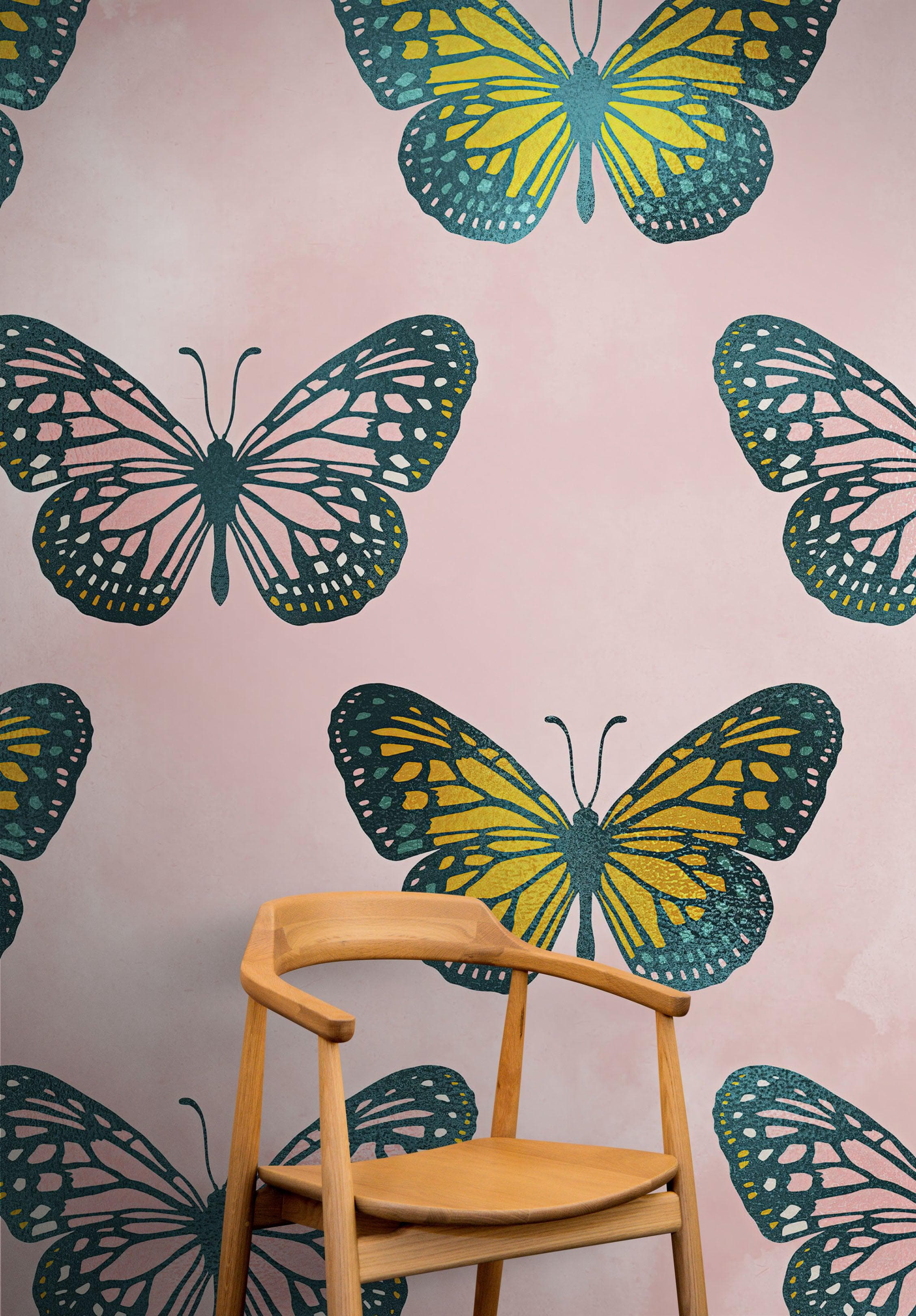 Mural de pared con estampado de mariposas grandes sobre fondo rosa. Decoración para dormitorio, habitación infantil y hogar. Papel tapiz autoadhesivo. N.º 6441