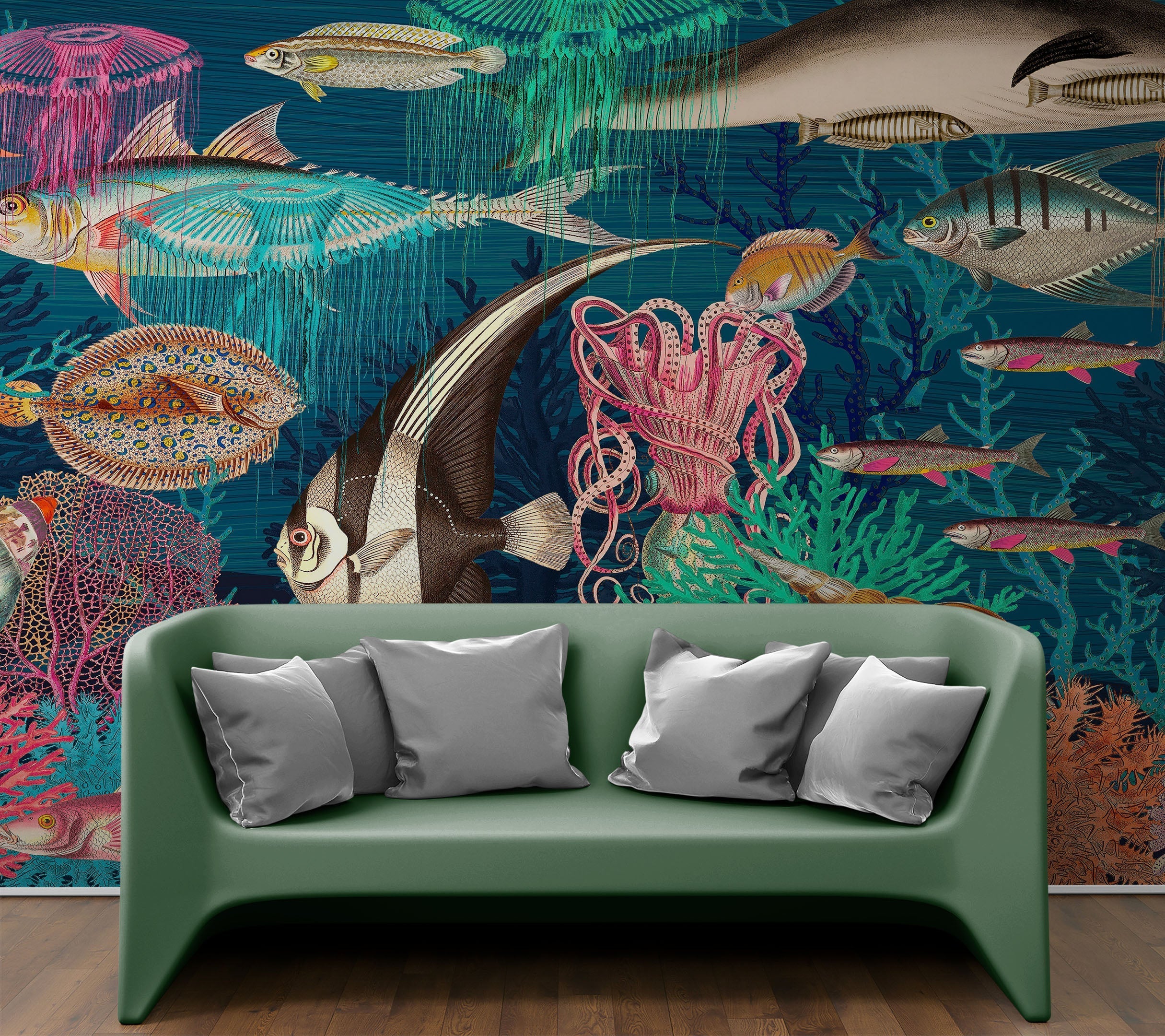 Mural de pared vintage retro con temática marina submarina. Papel tapiz autoadhesivo con temática de playa, náutica y vida marina. N.º 6442