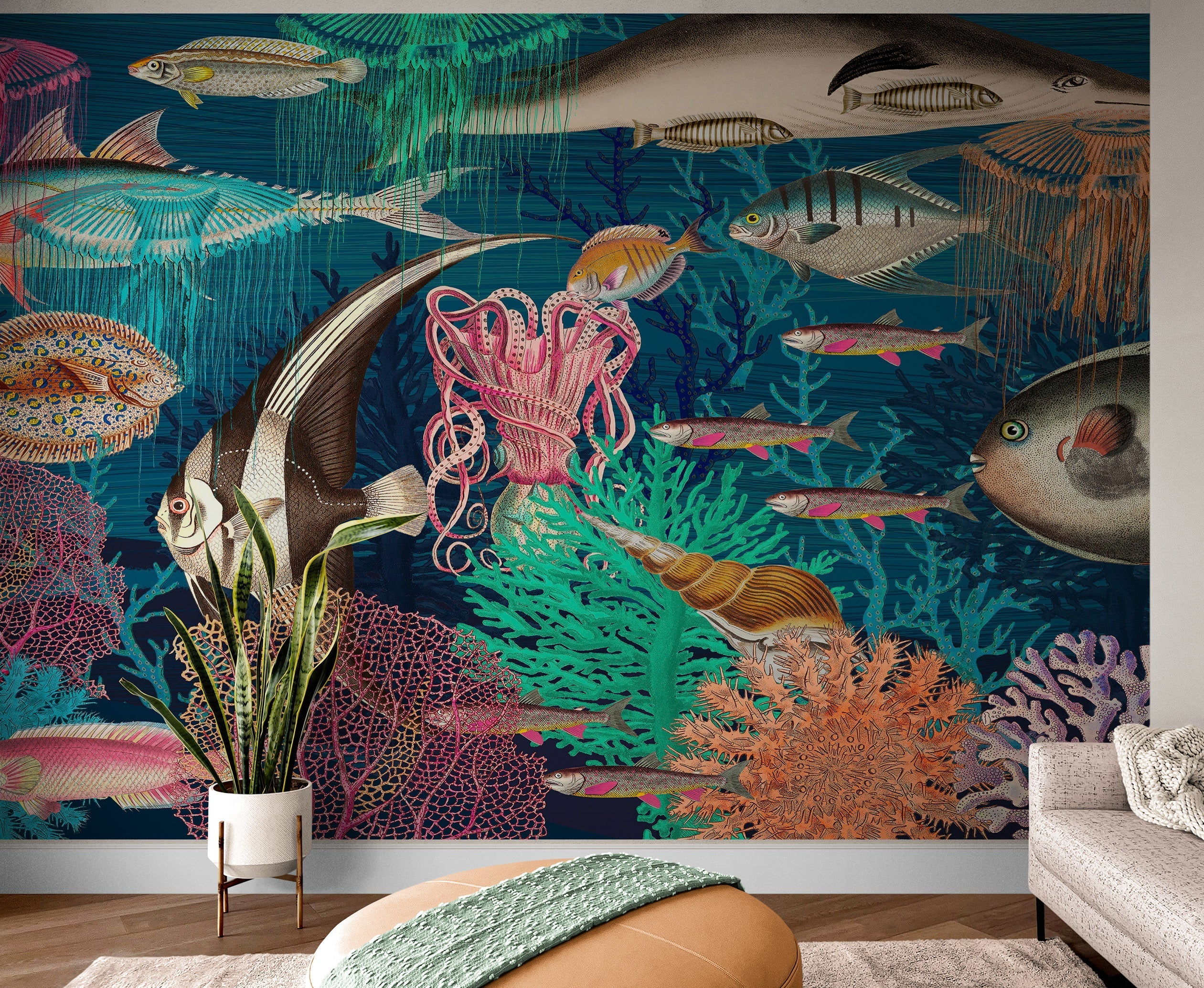 Mural de pared vintage retro con temática marina submarina. Papel tapiz autoadhesivo con temática de playa, náutica y vida marina. N.º 6442