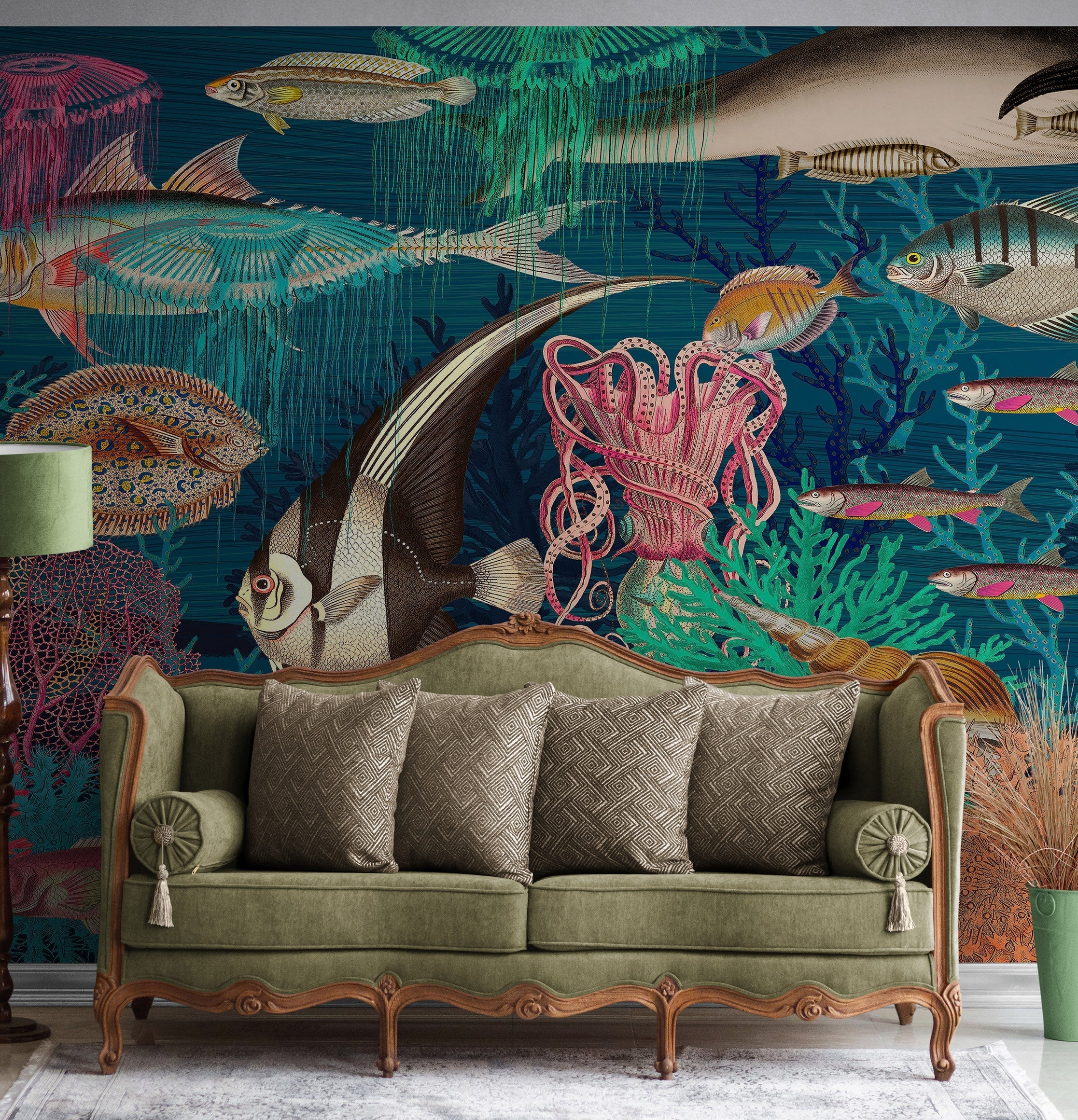 Mural de pared vintage retro con temática marina submarina. Papel tapiz autoadhesivo con temática de playa, náutica y vida marina. N.º 6442