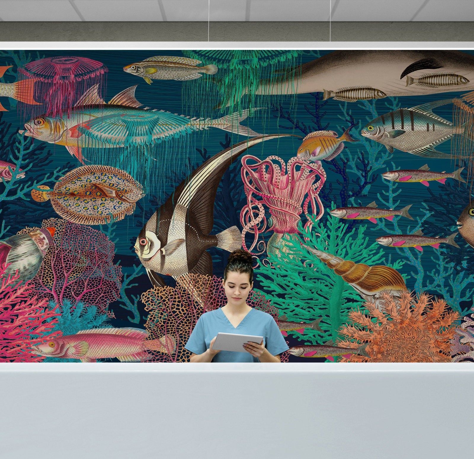 Mural de pared vintage retro con temática marina submarina. Papel tapiz autoadhesivo con temática de playa, náutica y vida marina. N.º 6442