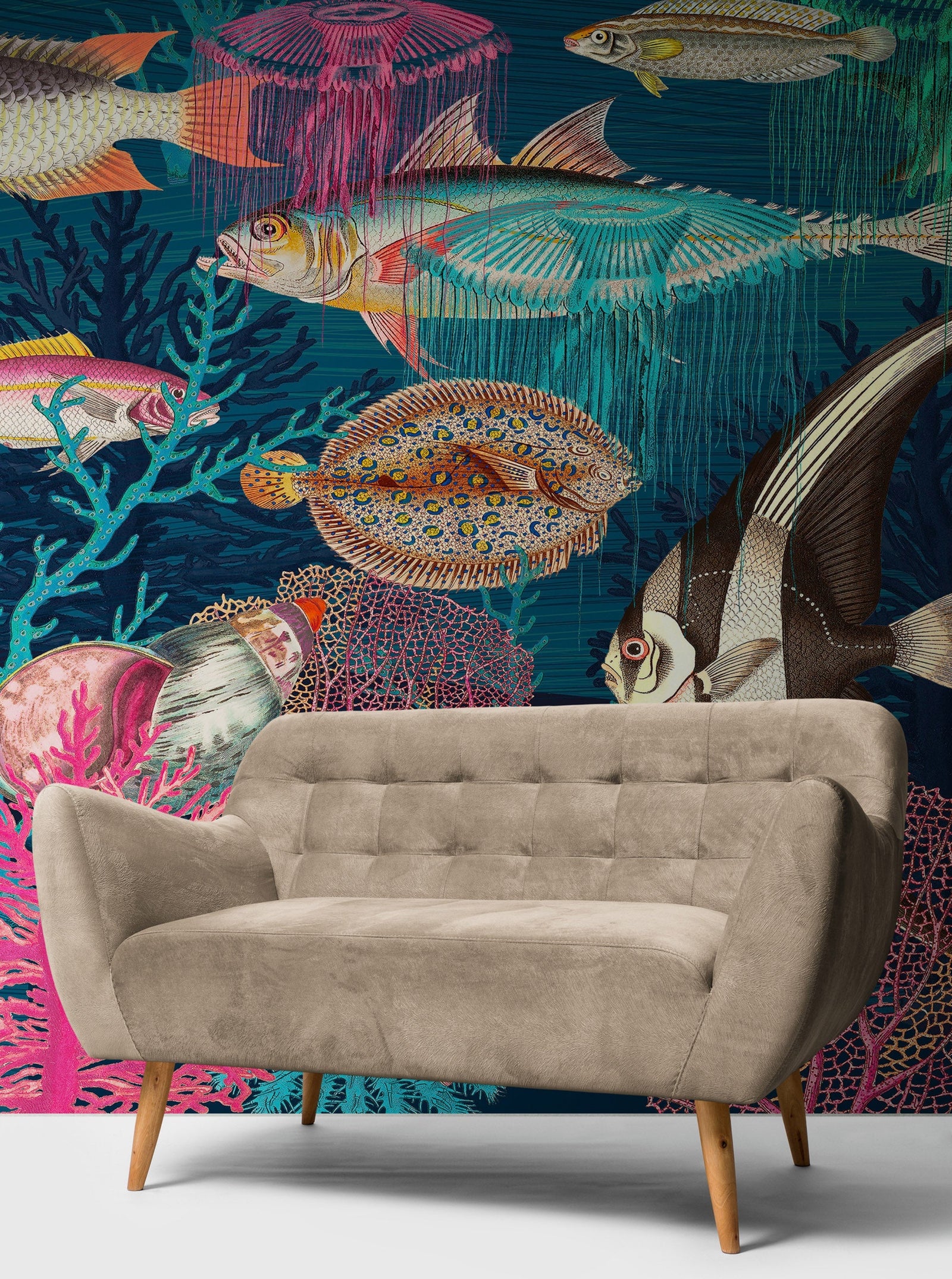 Mural de pared vintage retro con temática marina submarina. Papel tapiz autoadhesivo con temática de playa, náutica y vida marina. N.º 6442
