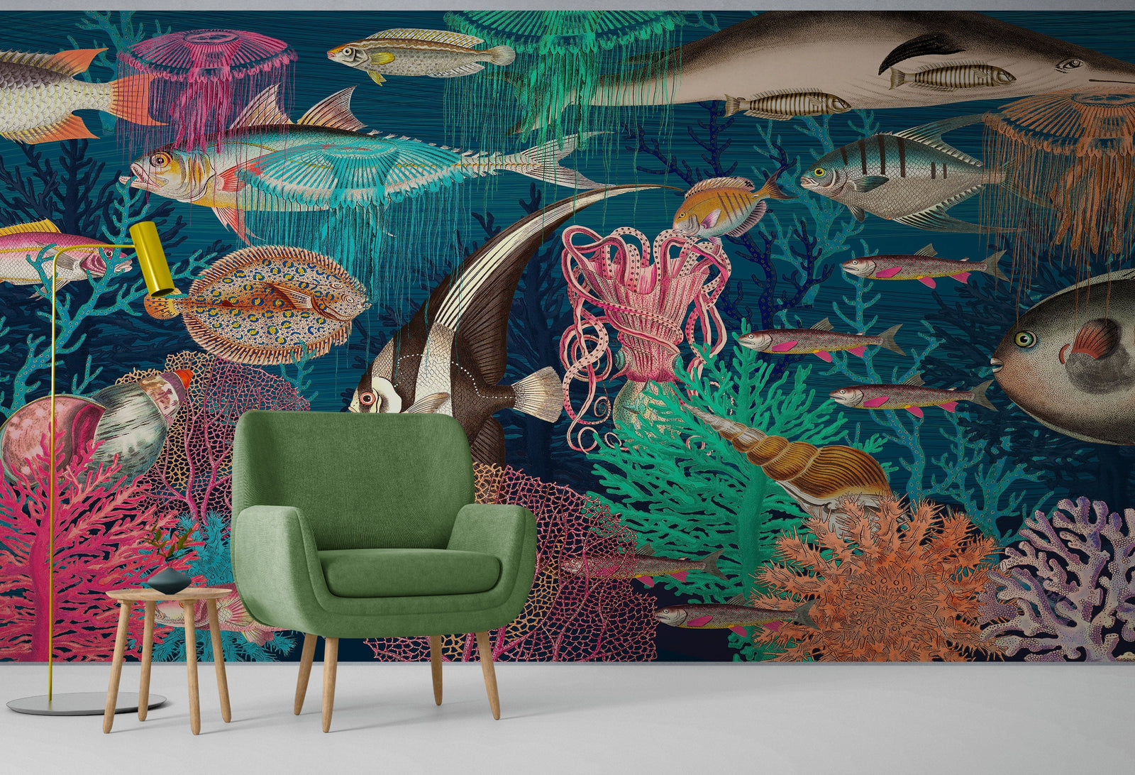 Mural de pared vintage retro con temática marina submarina. Papel tapiz autoadhesivo con temática de playa, náutica y vida marina. N.º 6442