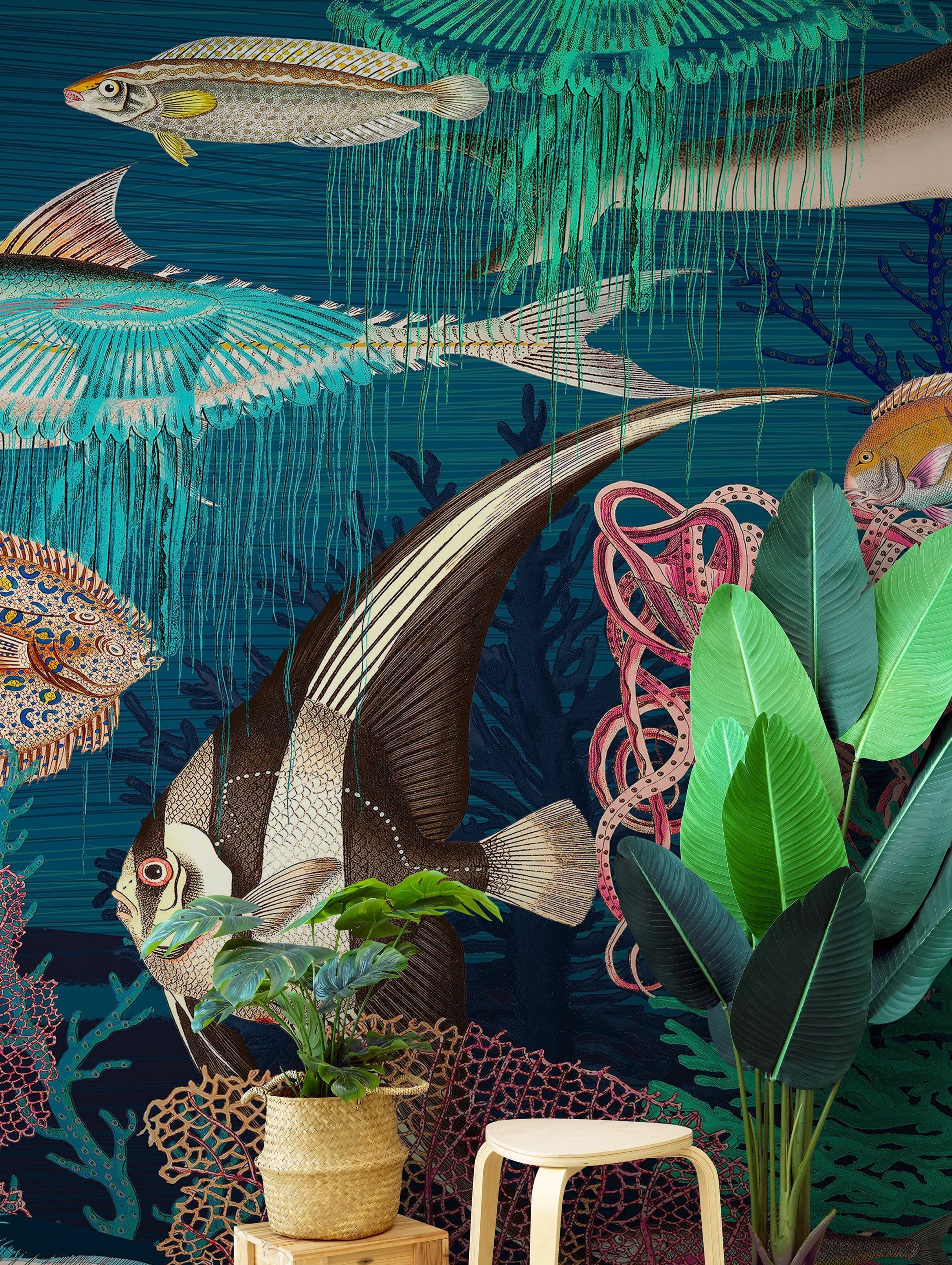 Mural de pared vintage retro con temática marina submarina. Papel tapiz autoadhesivo con temática de playa, náutica y vida marina. N.º 6442