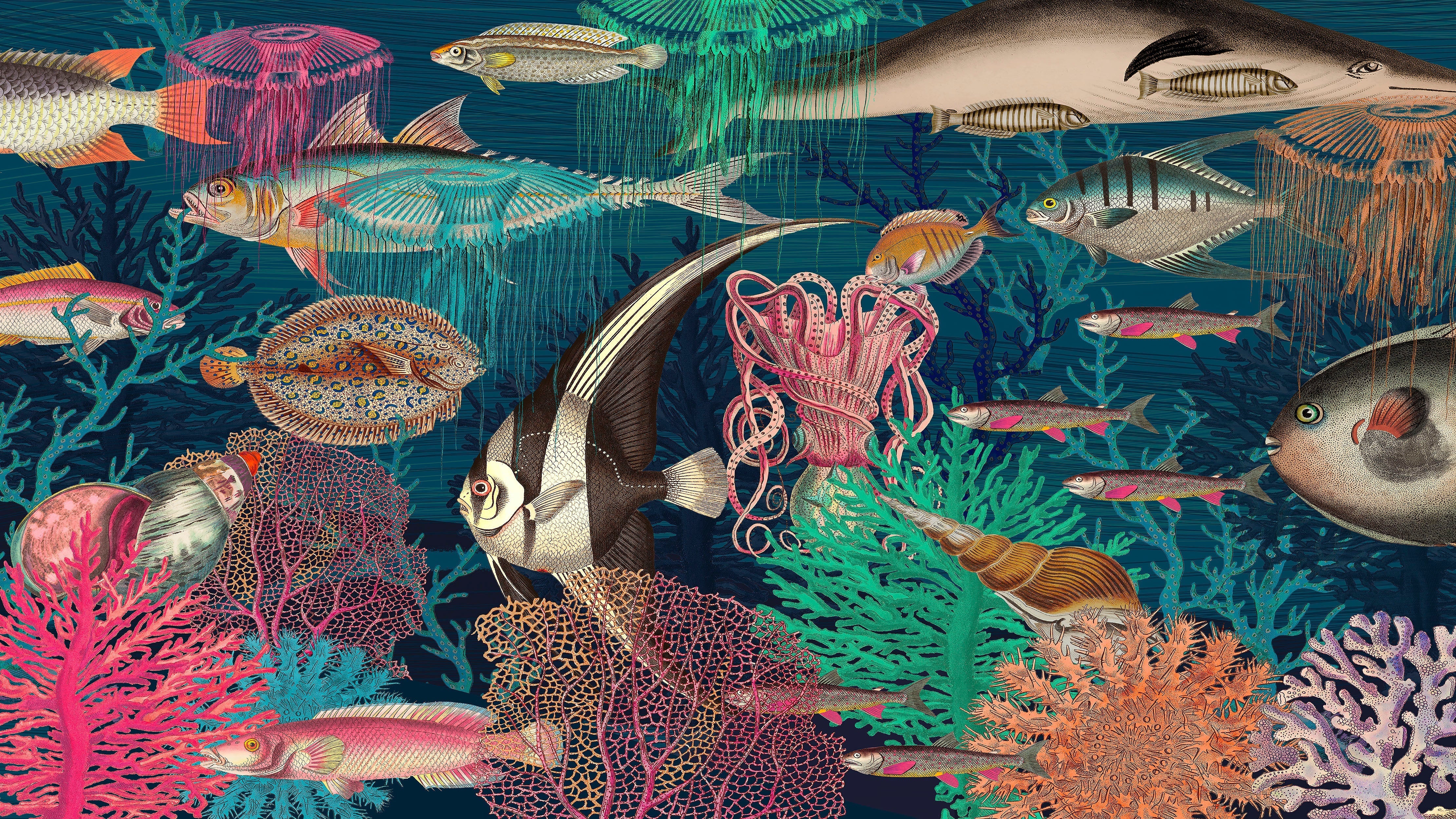 Mural de pared vintage retro con temática marina submarina. Papel tapiz autoadhesivo con temática de playa, náutica y vida marina. N.º 6442