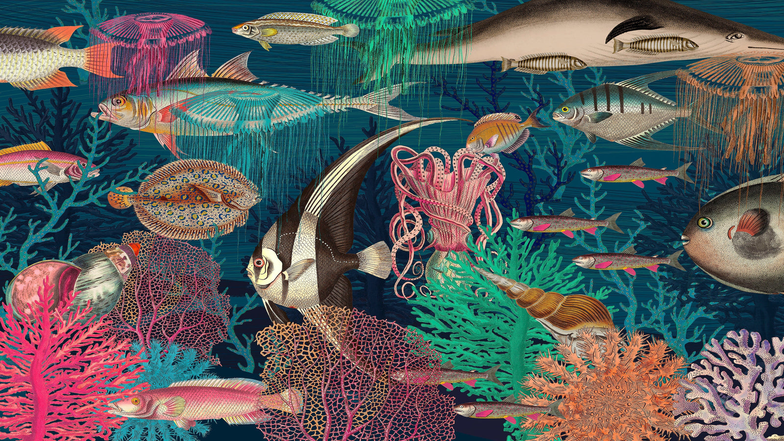 Mural de pared vintage retro con temática marina submarina. Papel tapiz autoadhesivo con temática de playa, náutica y vida marina. N.º 6442
