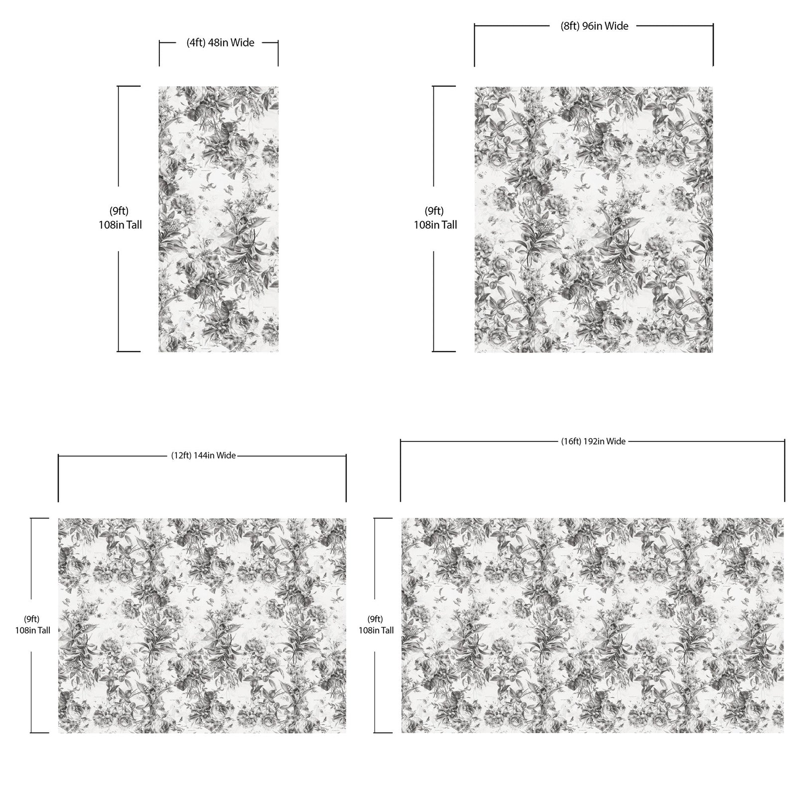 Mural de pared con ilustración de flores vintage. Papel pintado autoadhesivo en blanco y negro. N.º 6443