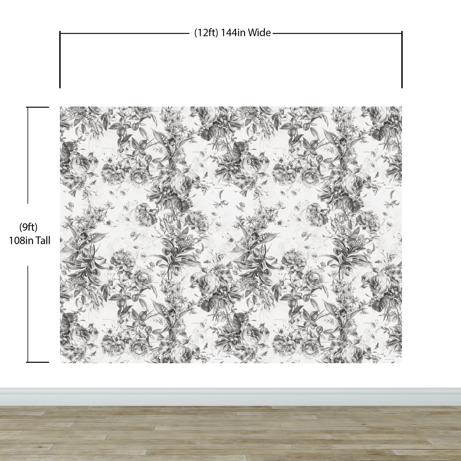 Mural de pared con ilustración de flores vintage. Papel pintado autoadhesivo en blanco y negro. N.º 6443