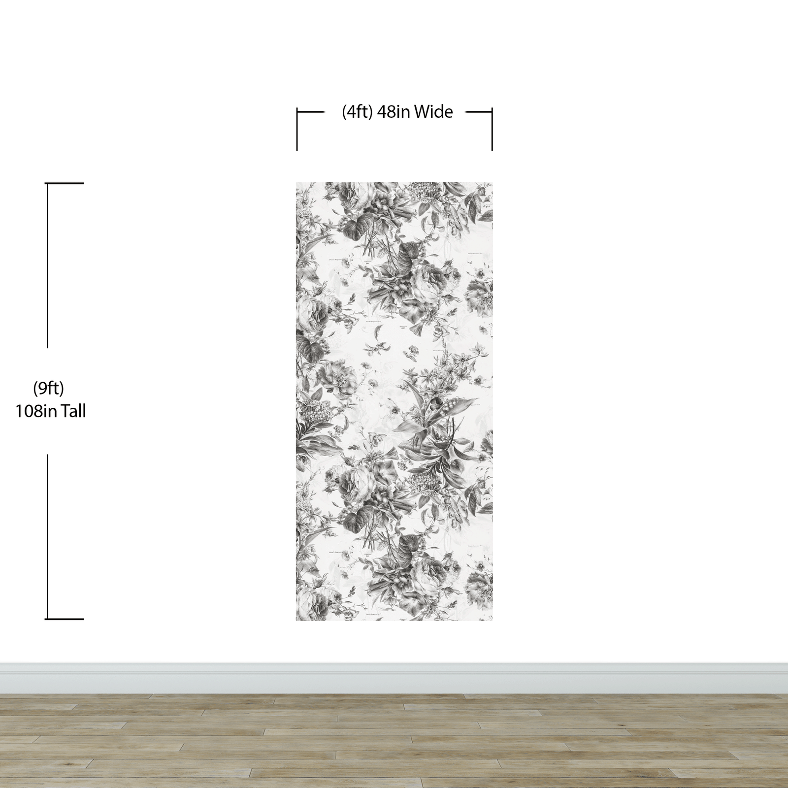 Mural de pared con ilustración de flores vintage. Papel pintado autoadhesivo en blanco y negro. N.º 6443