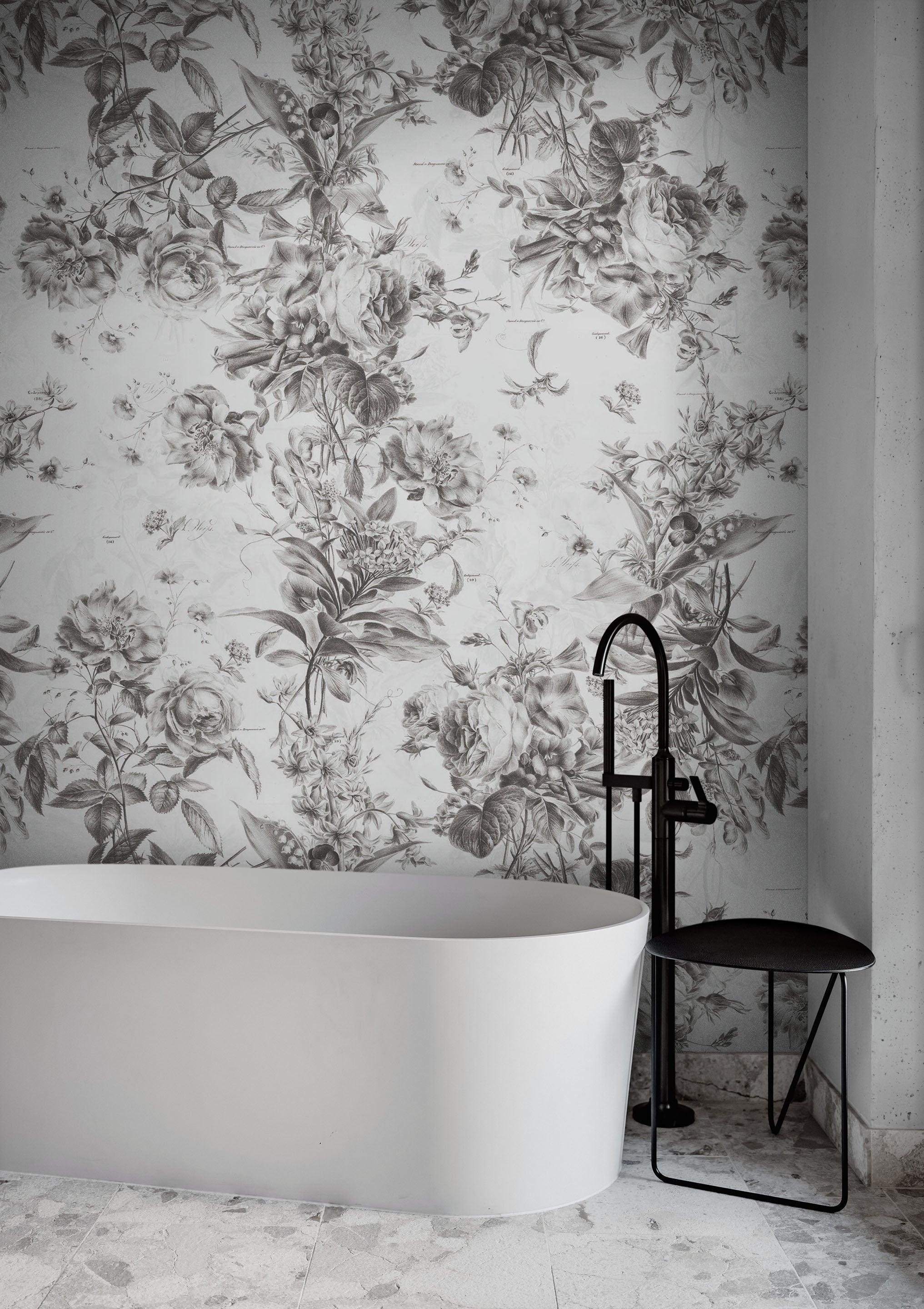 Mural de pared con ilustración de flores vintage. Papel pintado autoadhesivo en blanco y negro. N.º 6443