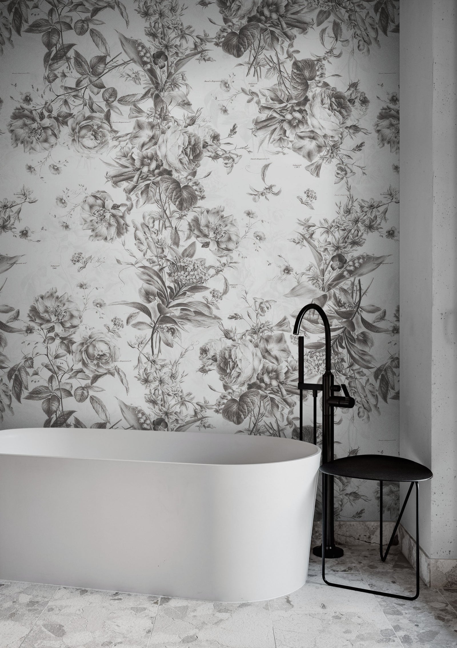 Mural de pared con ilustración de flores vintage. Papel pintado autoadhesivo en blanco y negro. N.º 6443