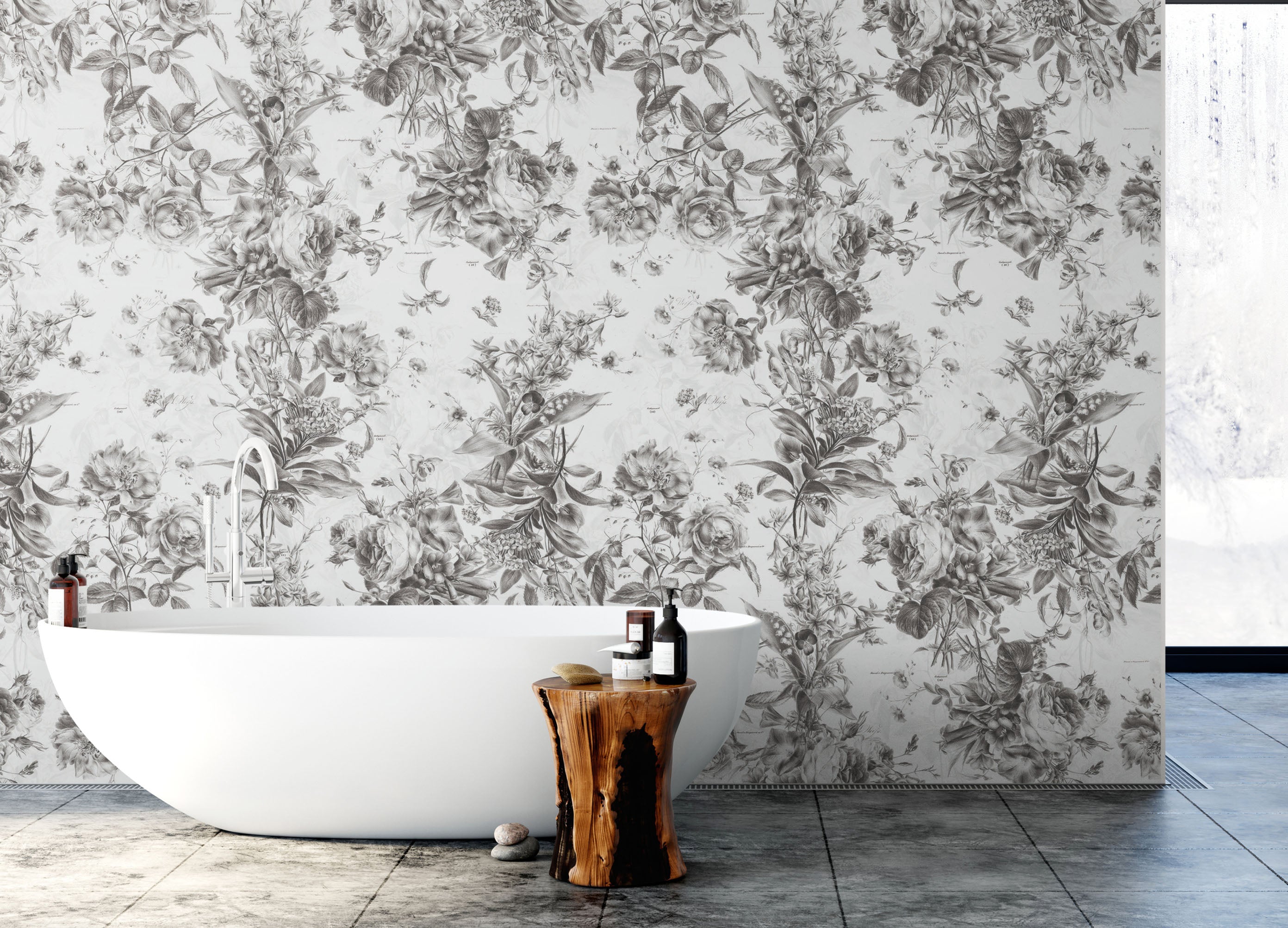 Mural de pared con ilustración de flores vintage. Papel pintado autoadhesivo en blanco y negro. N.º 6443