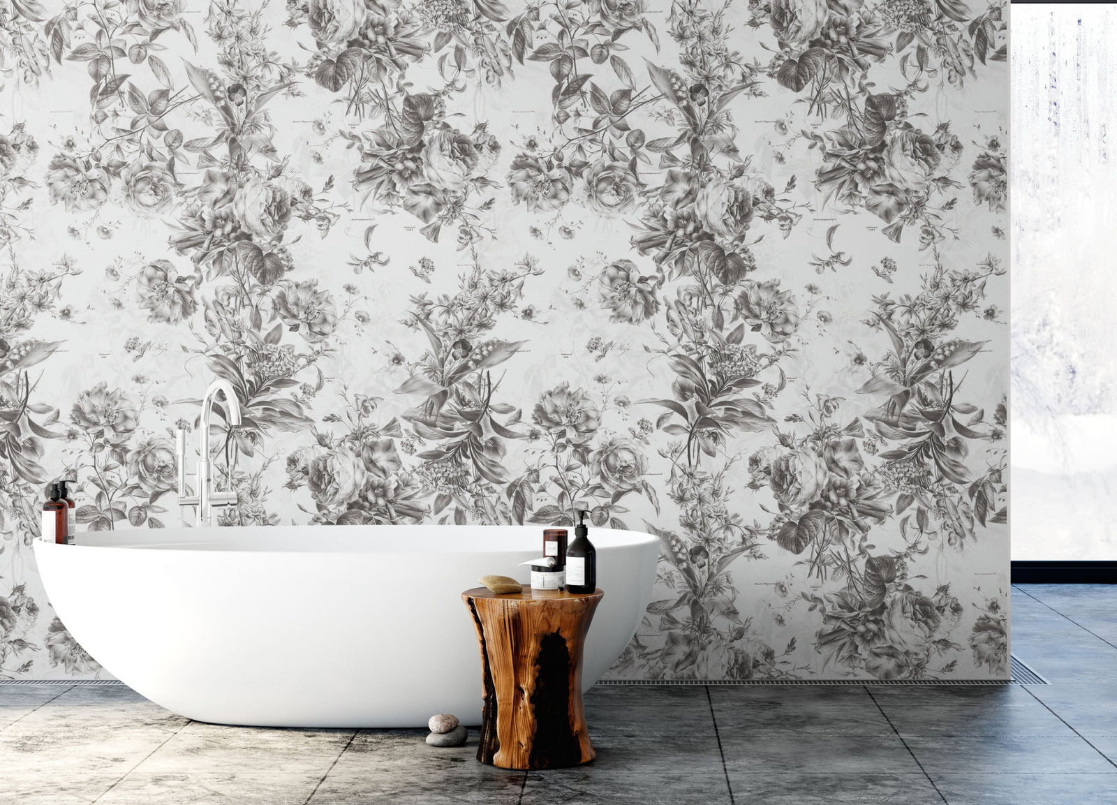Mural de pared con ilustración de flores vintage. Papel pintado autoadhesivo en blanco y negro. N.º 6443
