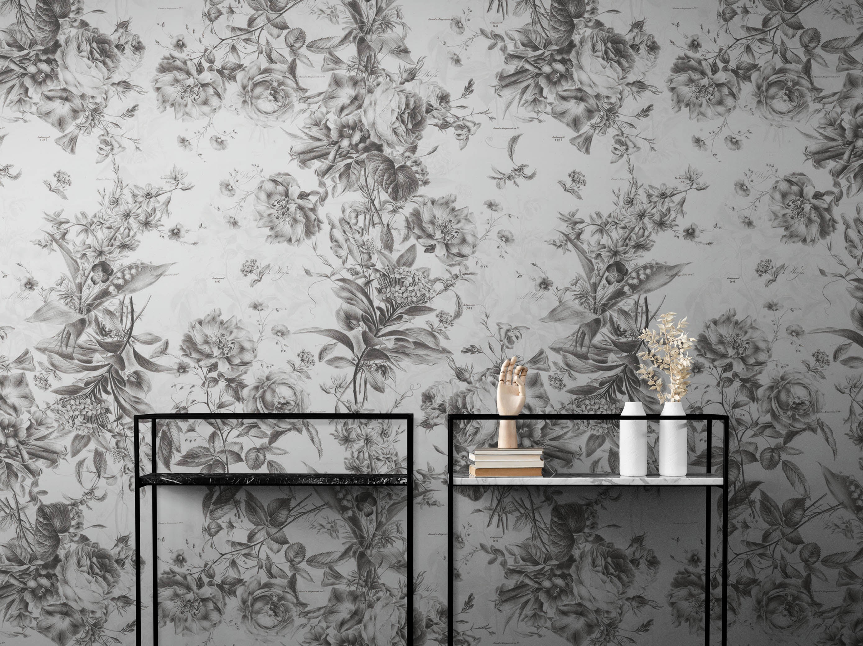 Mural de pared con ilustración de flores vintage. Papel pintado autoadhesivo en blanco y negro. N.º 6443