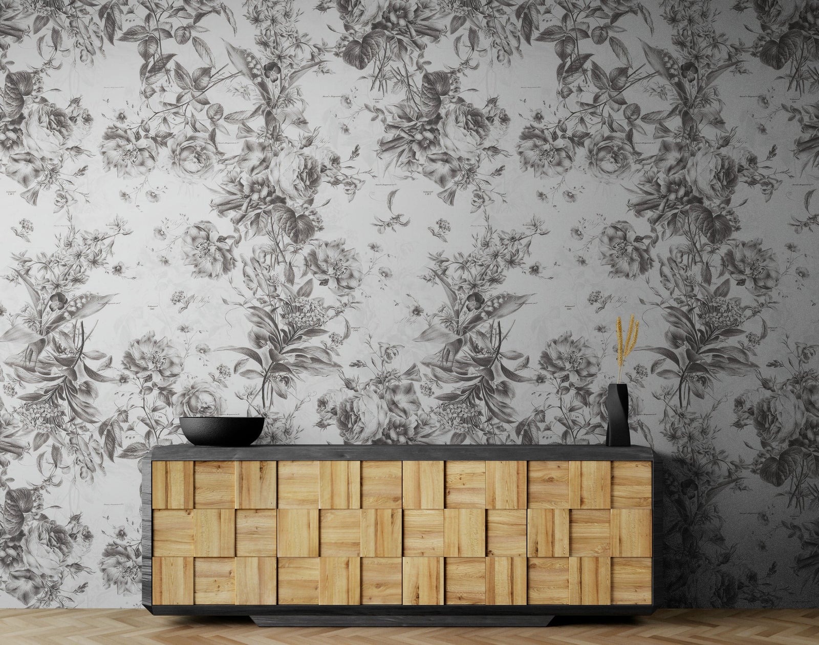 Mural de pared con ilustración de flores vintage. Papel pintado autoadhesivo en blanco y negro. N.º 6443
