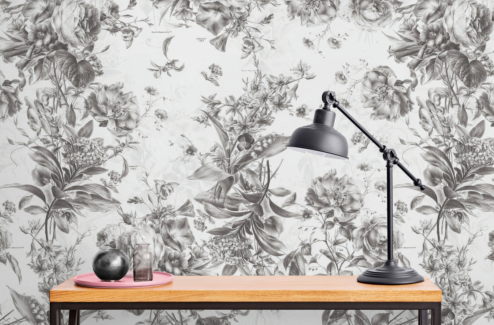 Mural de pared con ilustración de flores vintage. Papel pintado autoadhesivo en blanco y negro. N.º 6443