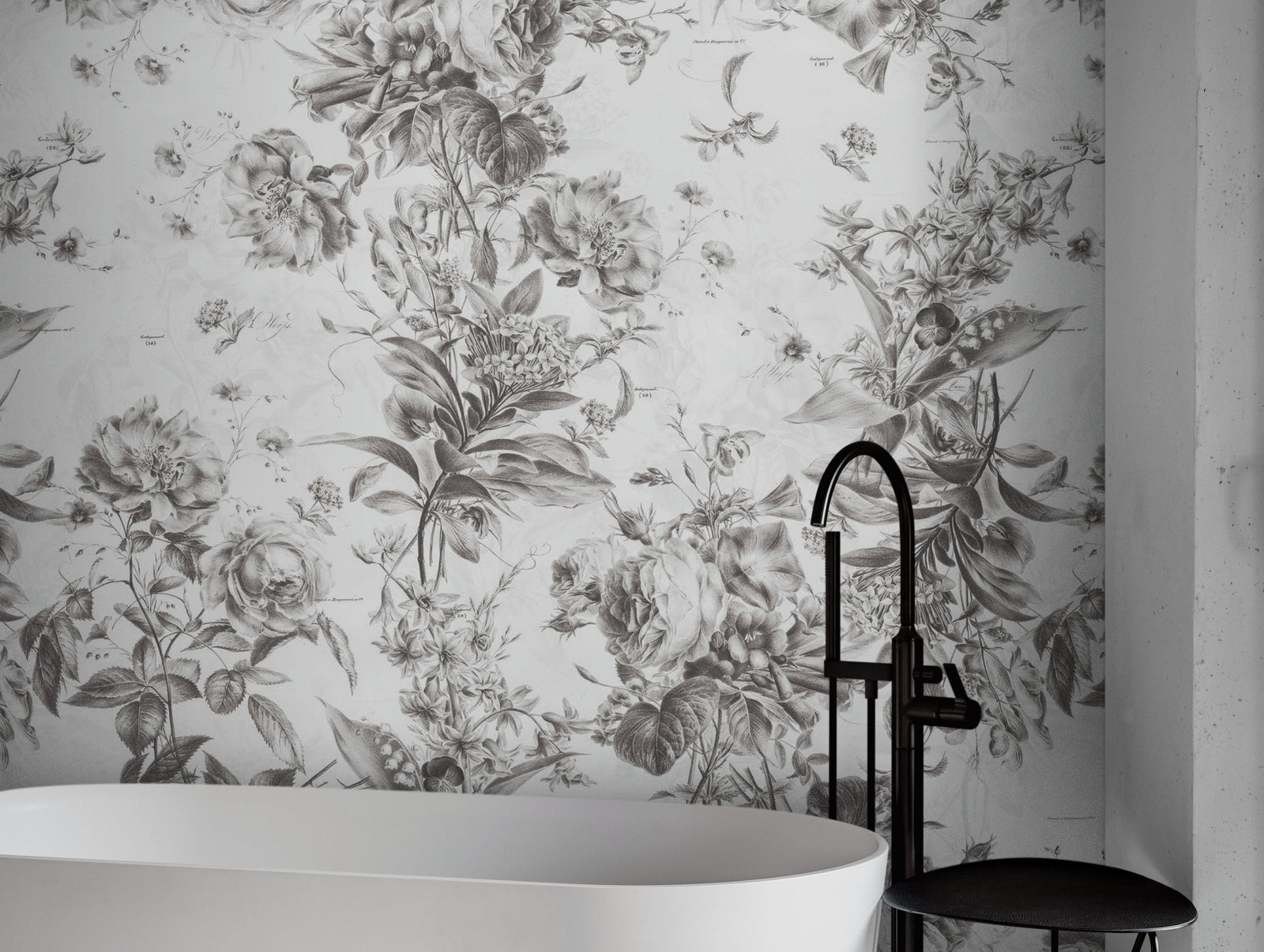 Mural de pared con ilustración de flores vintage. Papel pintado autoadhesivo en blanco y negro. N.º 6443