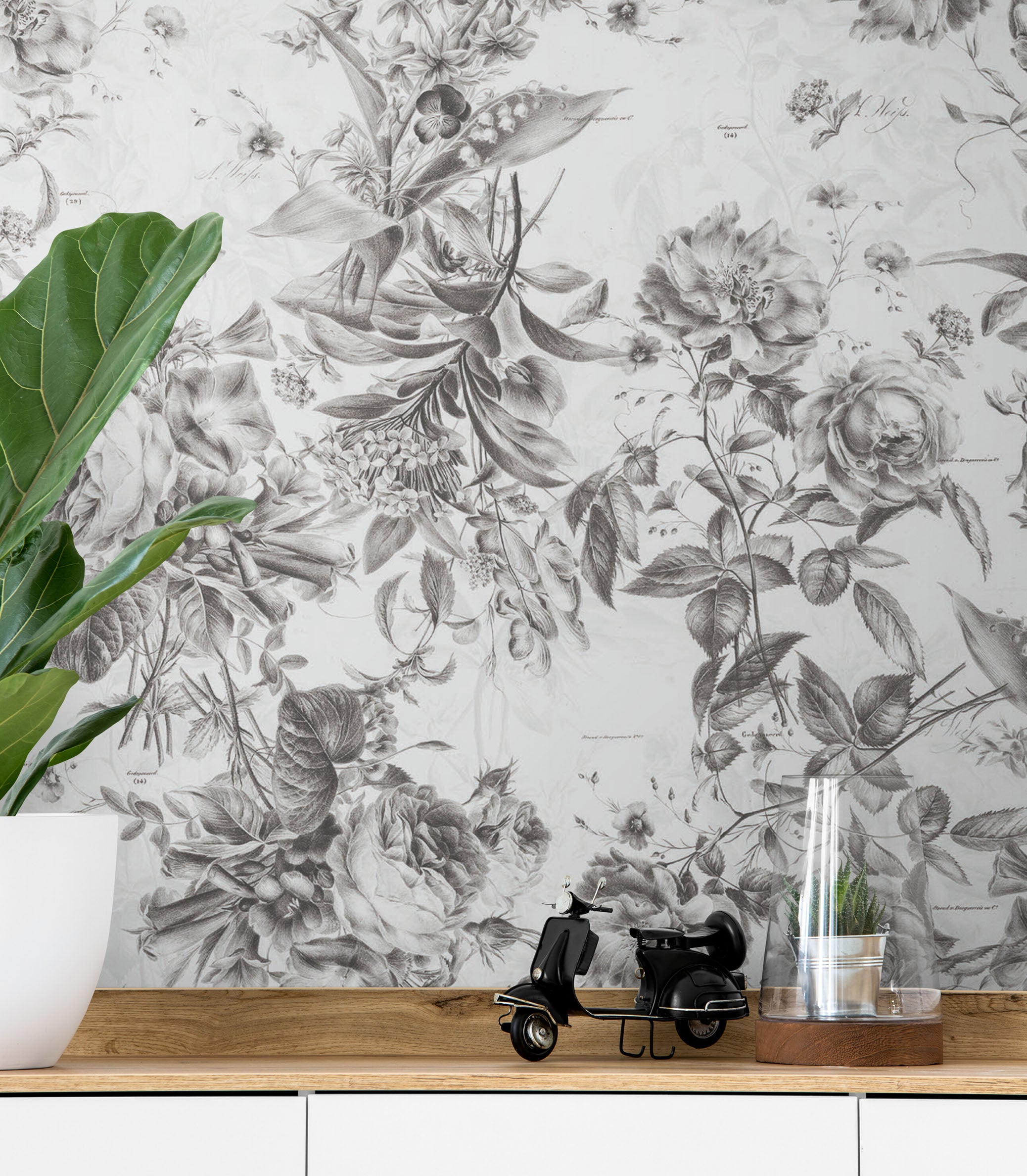 Mural de pared con ilustración de flores vintage. Papel pintado autoadhesivo en blanco y negro. N.º 6443