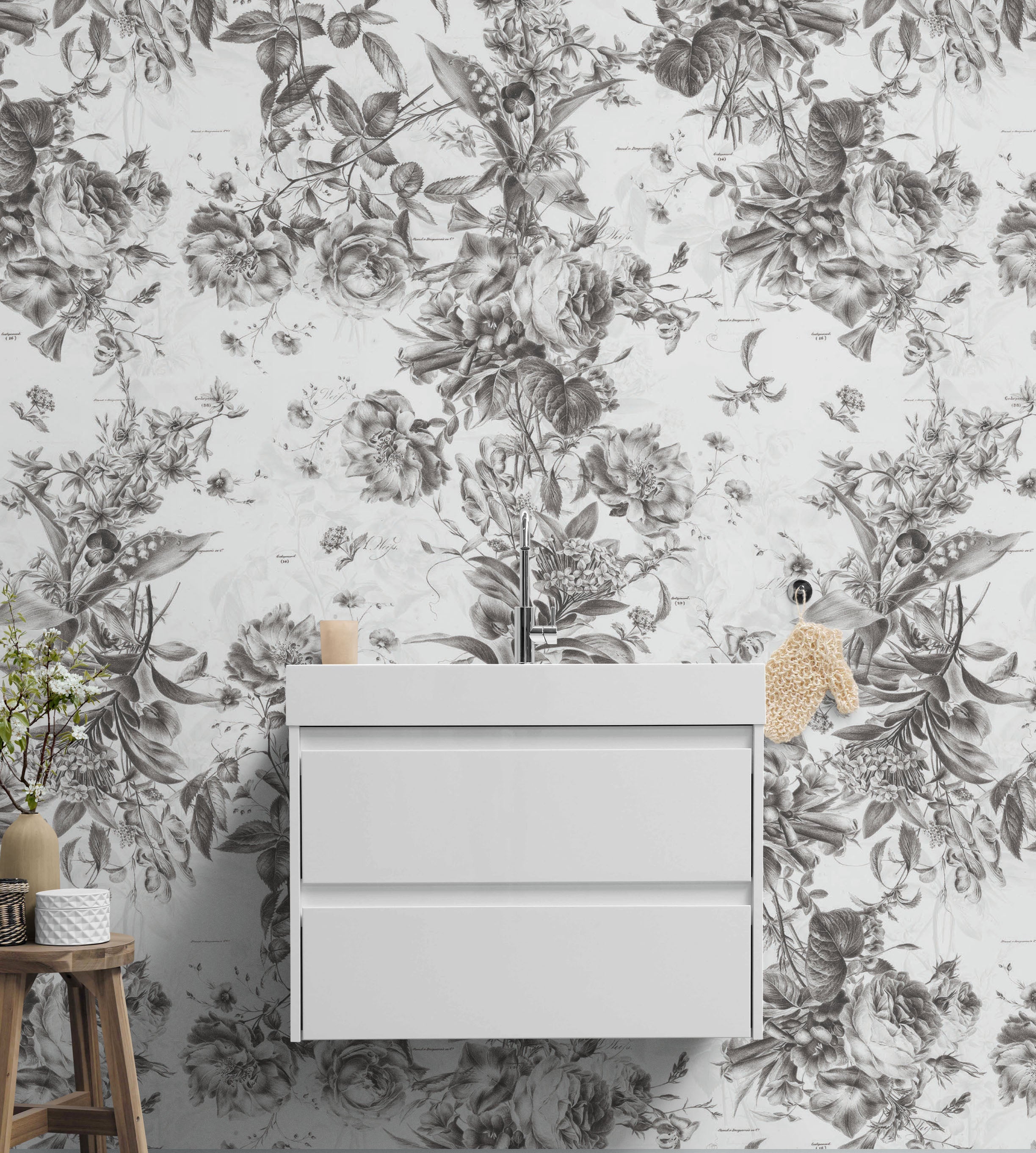 Mural de pared con ilustración de flores vintage. Papel pintado autoadhesivo en blanco y negro. N.º 6443