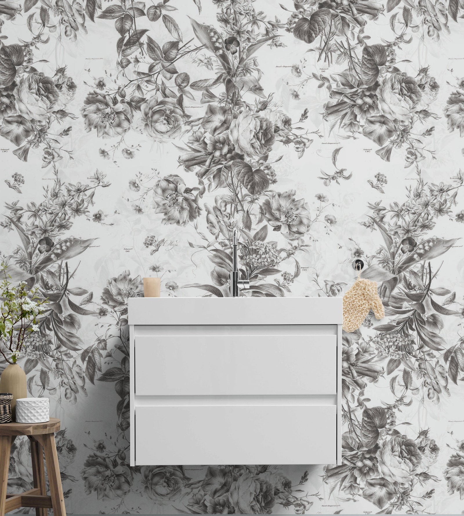 Mural de pared con ilustración de flores vintage. Papel pintado autoadhesivo en blanco y negro. N.º 6443