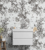 Mural de pared con ilustración de flores vintage. Papel pintado autoadhesivo en blanco y negro. N.º 6443