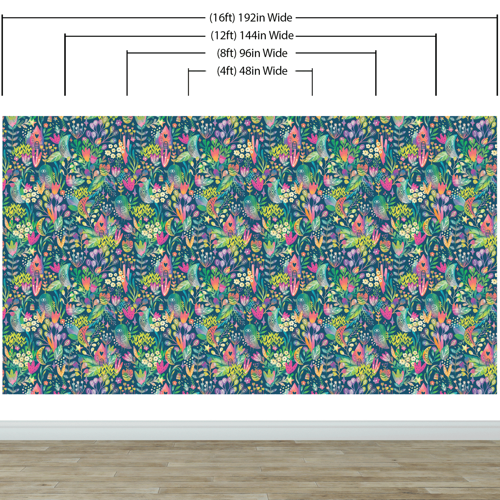 Mural de pared con ilustración de jardín de flores de colores y casa para pájaros. #6444