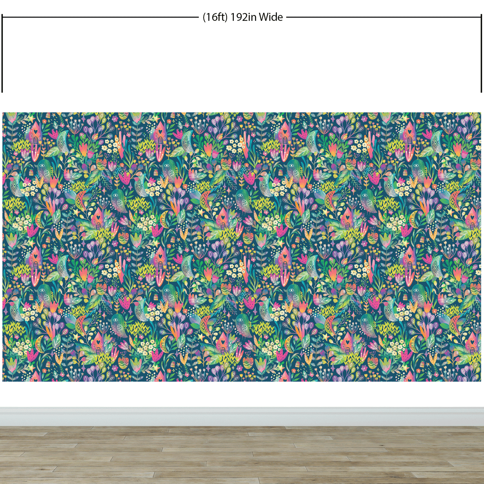 Mural de pared con ilustración de jardín de flores de colores y casa para pájaros. #6444