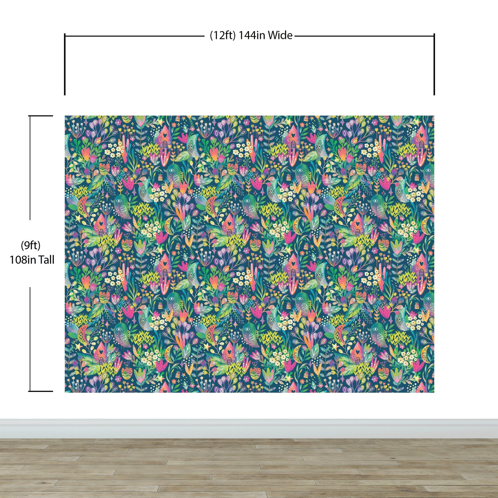 Mural de pared con ilustración de jardín de flores de colores y casa para pájaros. #6444