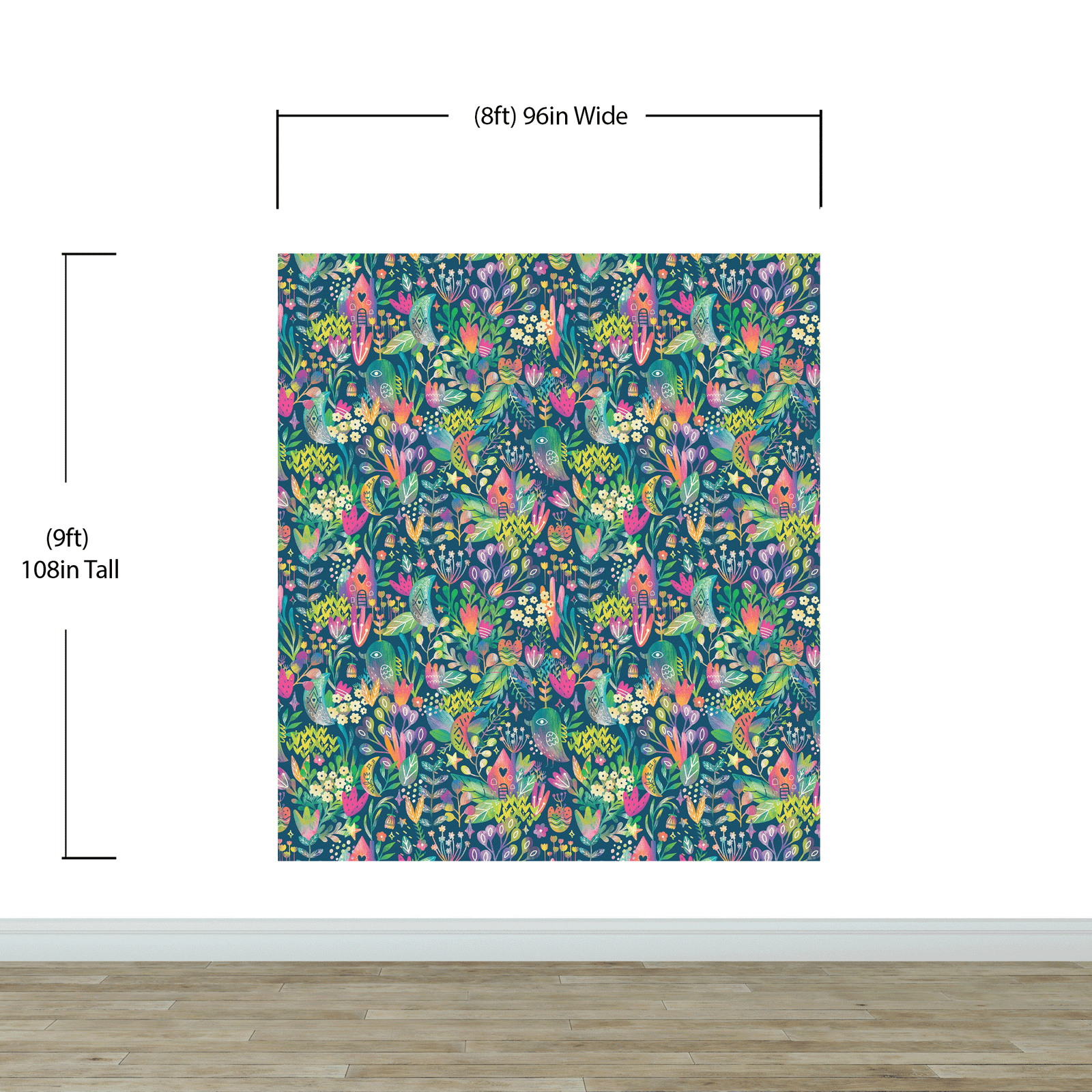 Mural de pared con ilustración de jardín de flores de colores y casa para pájaros. #6444