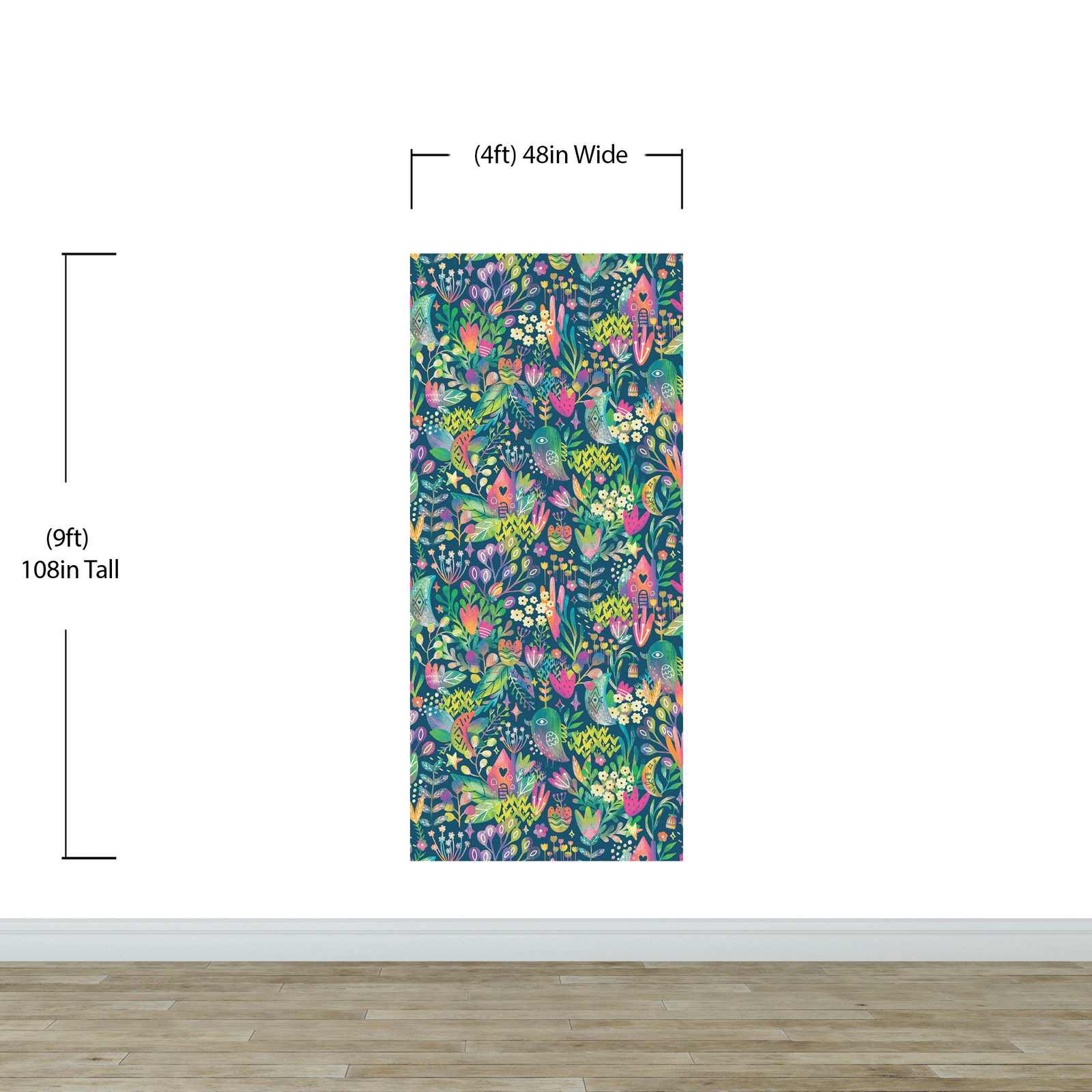 Mural de pared con ilustración de jardín de flores de colores y casa para pájaros. #6444
