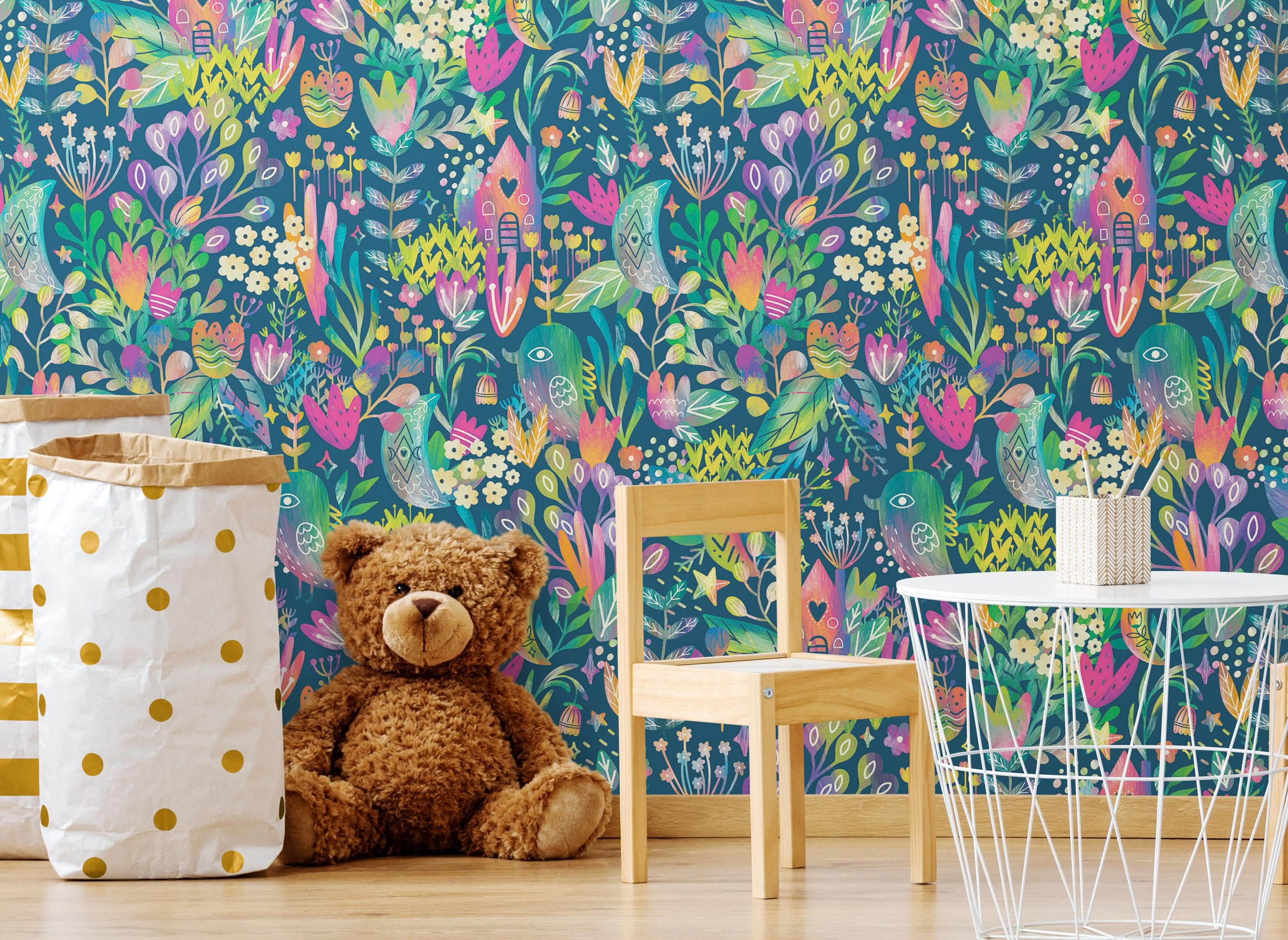 Mural de pared con ilustración de jardín de flores de colores y casa para pájaros. #6444