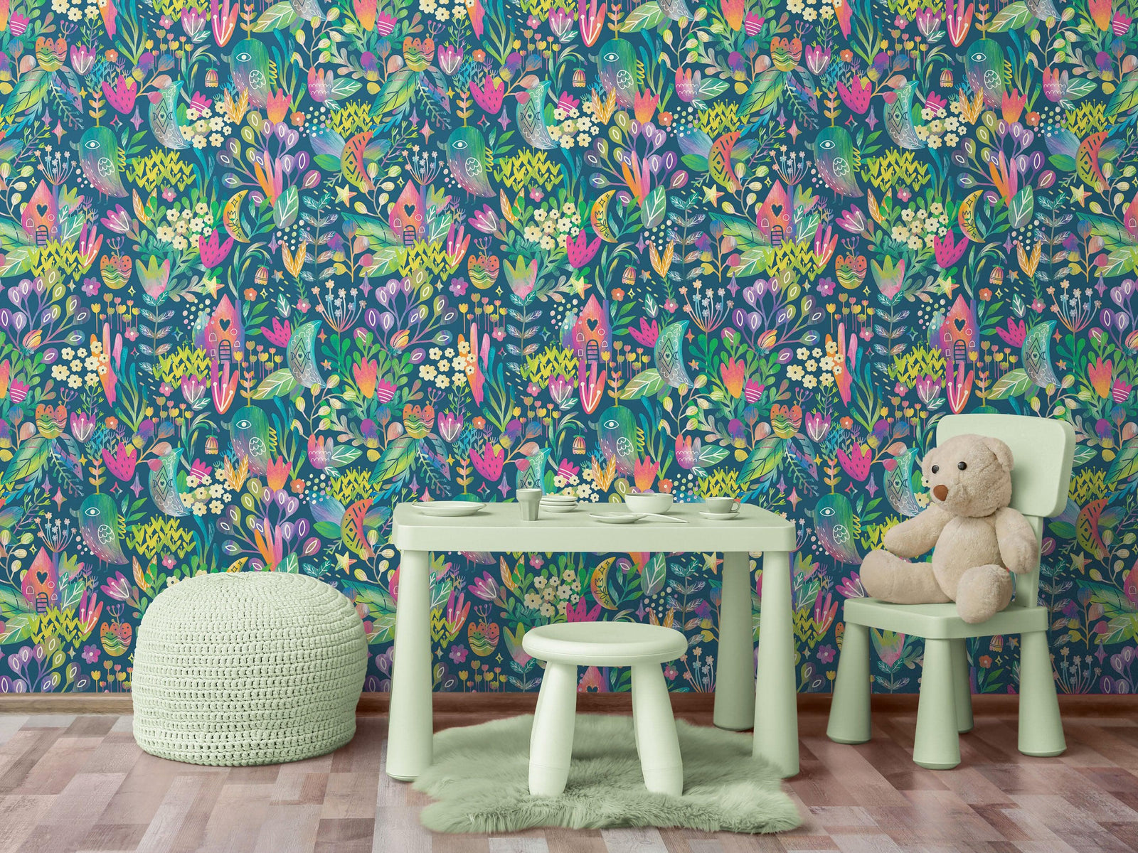 Mural de pared con ilustración de jardín de flores de colores y casa para pájaros. #6444