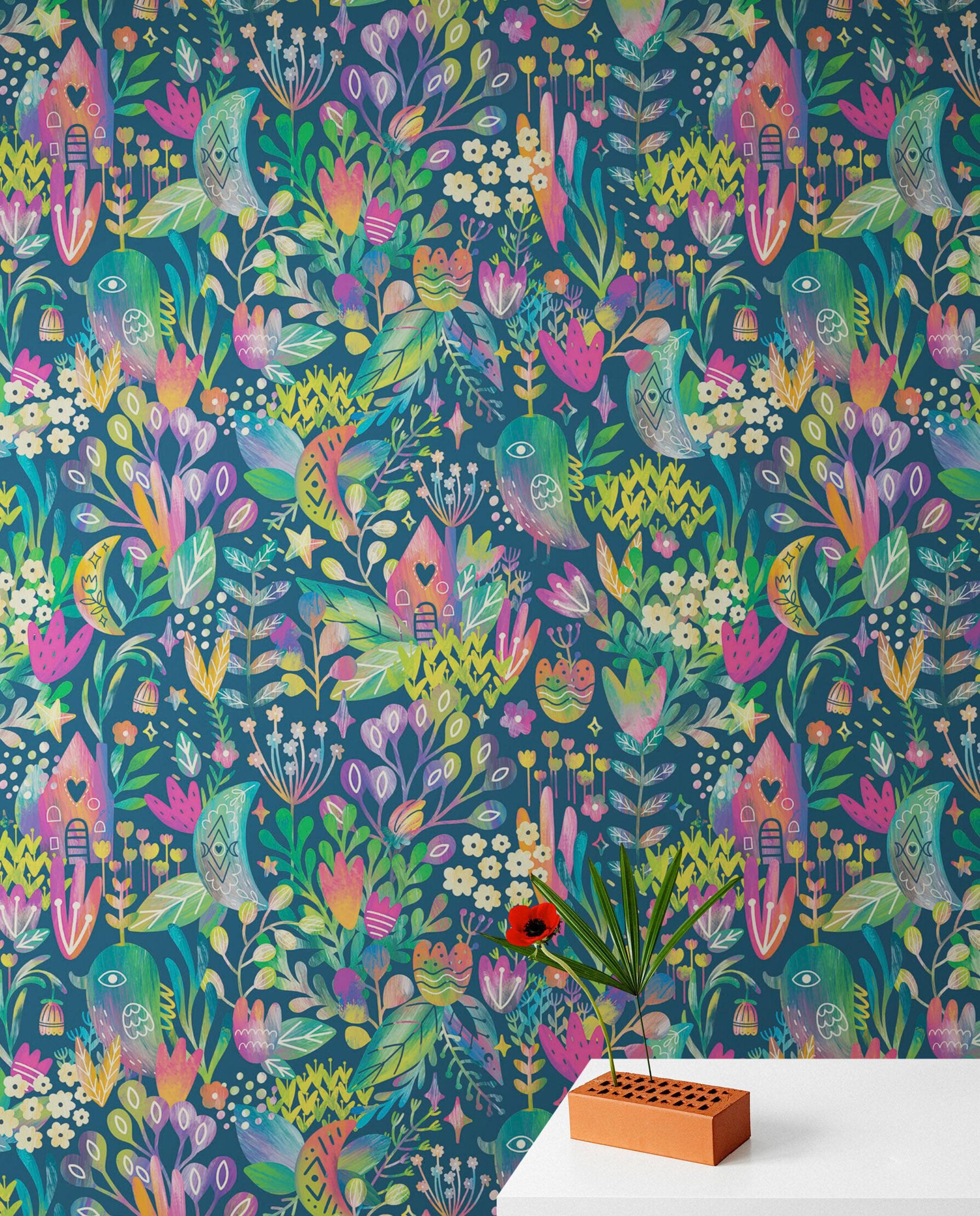 Mural de pared con ilustración de jardín de flores de colores y casa para pájaros. #6444