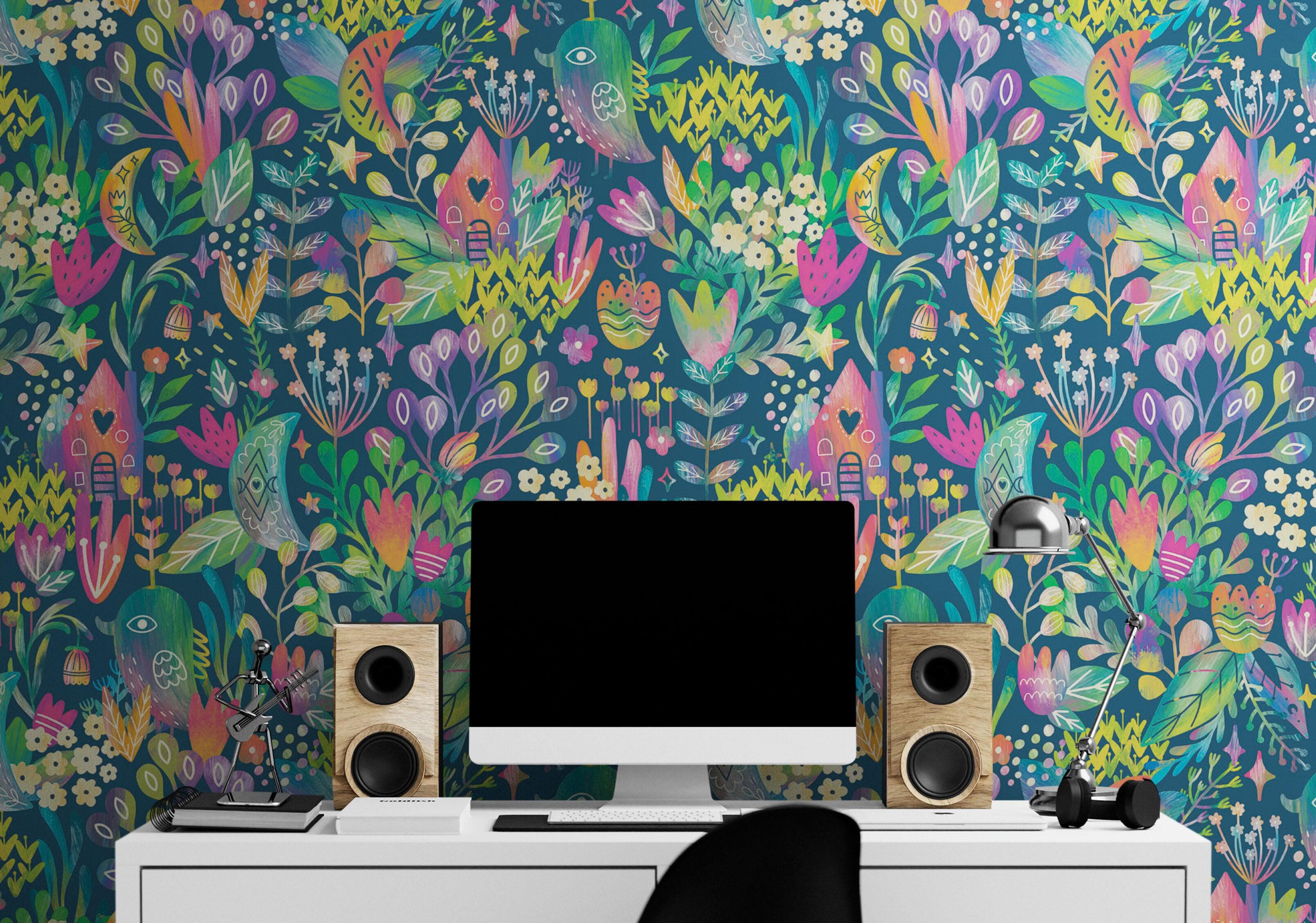 Mural de pared con ilustración de jardín de flores de colores y casa para pájaros. #6444