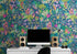 Mural de pared con ilustración de jardín de flores de colores y casa para pájaros. #6444