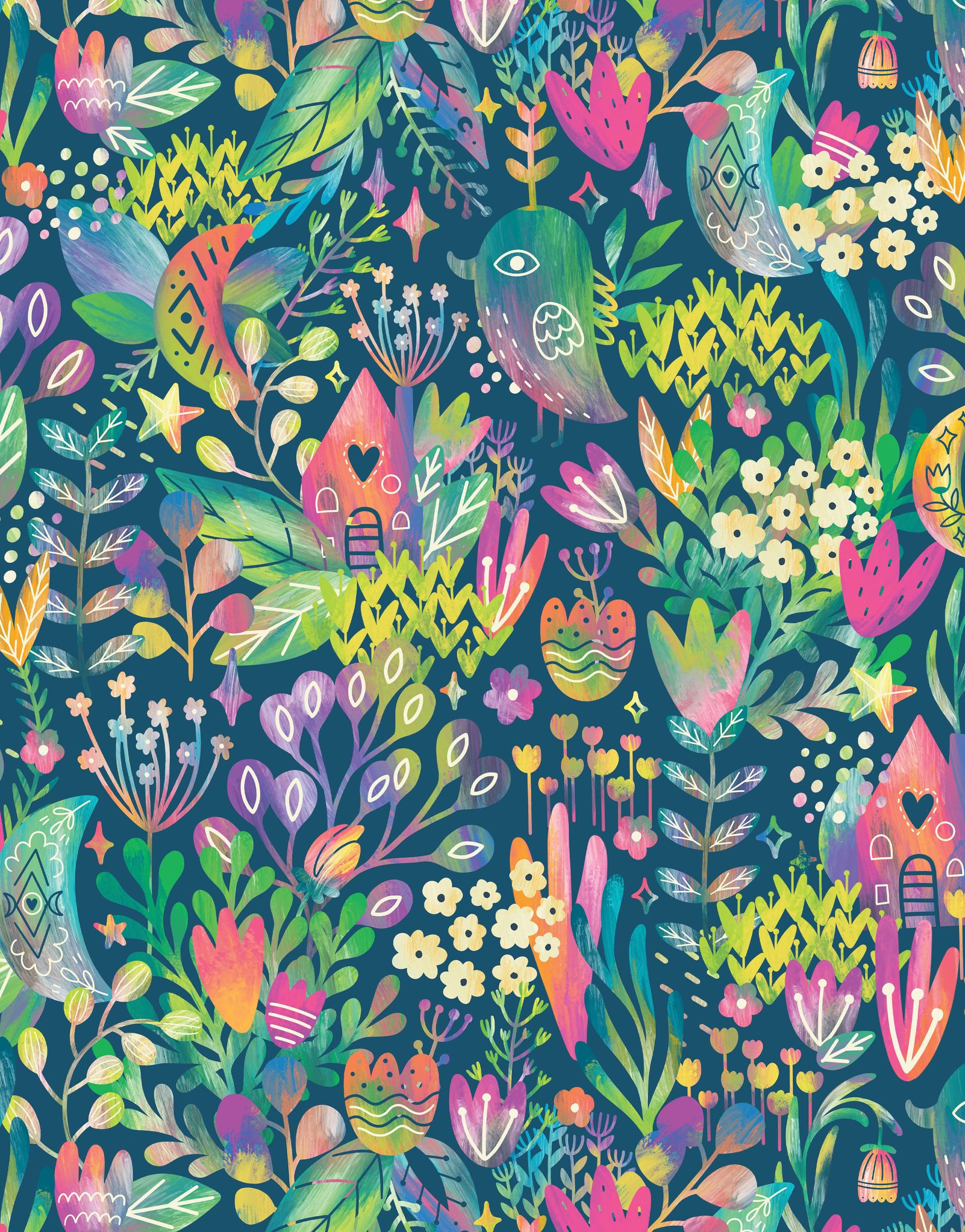 Mural de pared con ilustración de jardín de flores de colores y casa para pájaros. #6444